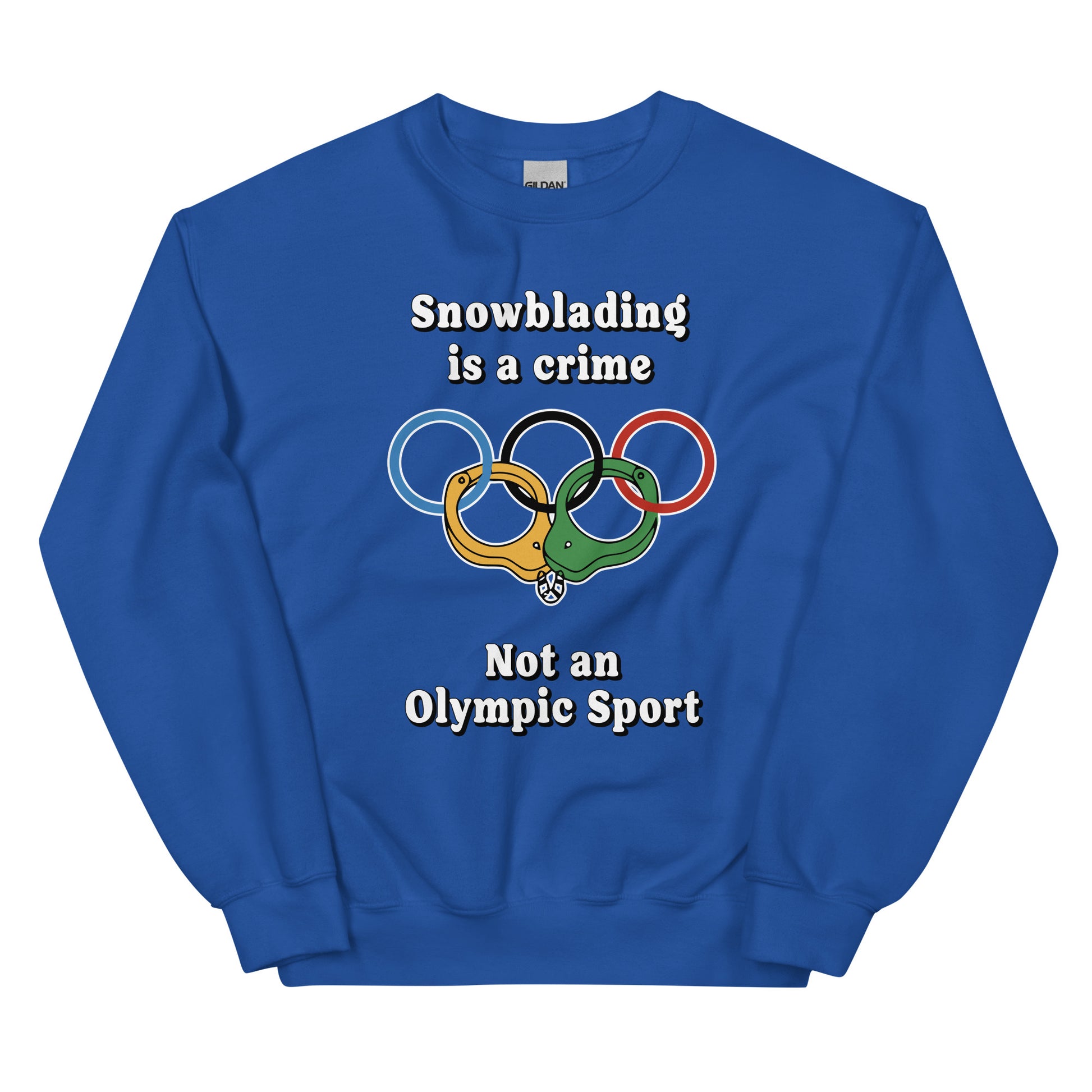 Snowblading is a crime, not an olympic sport design printed on a crewneck sweatshirt by Whistler Shirts