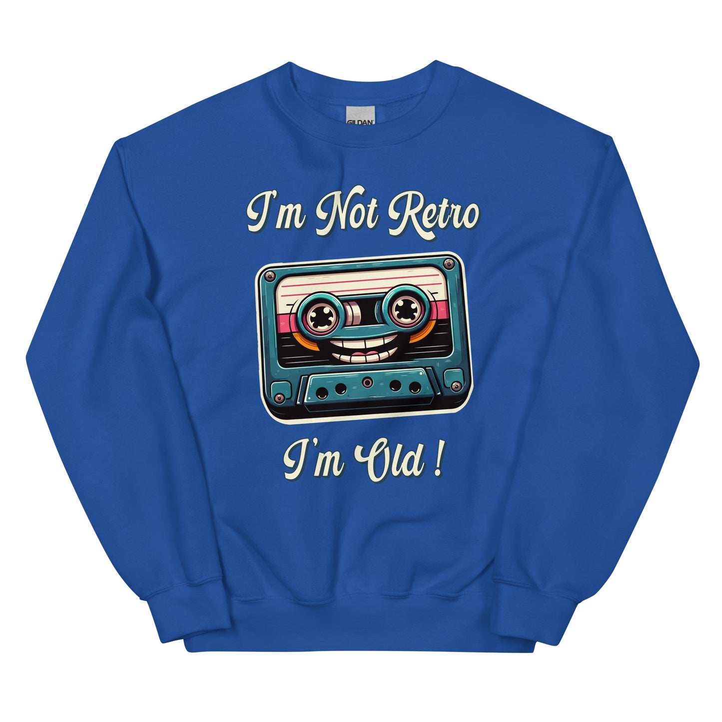 I'm not retro I'm old with picture of a cassette tape smiling printed crewneck by Whistler Shirts