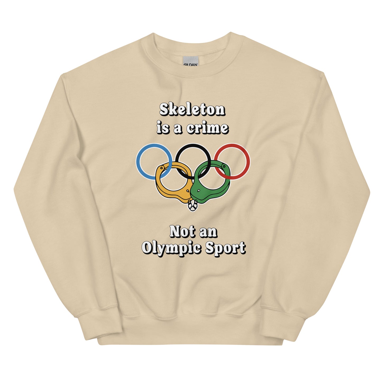 Skeleton is a crime not an olympic sport design printed on a crewneck sweatshirt by Whistler Shirts