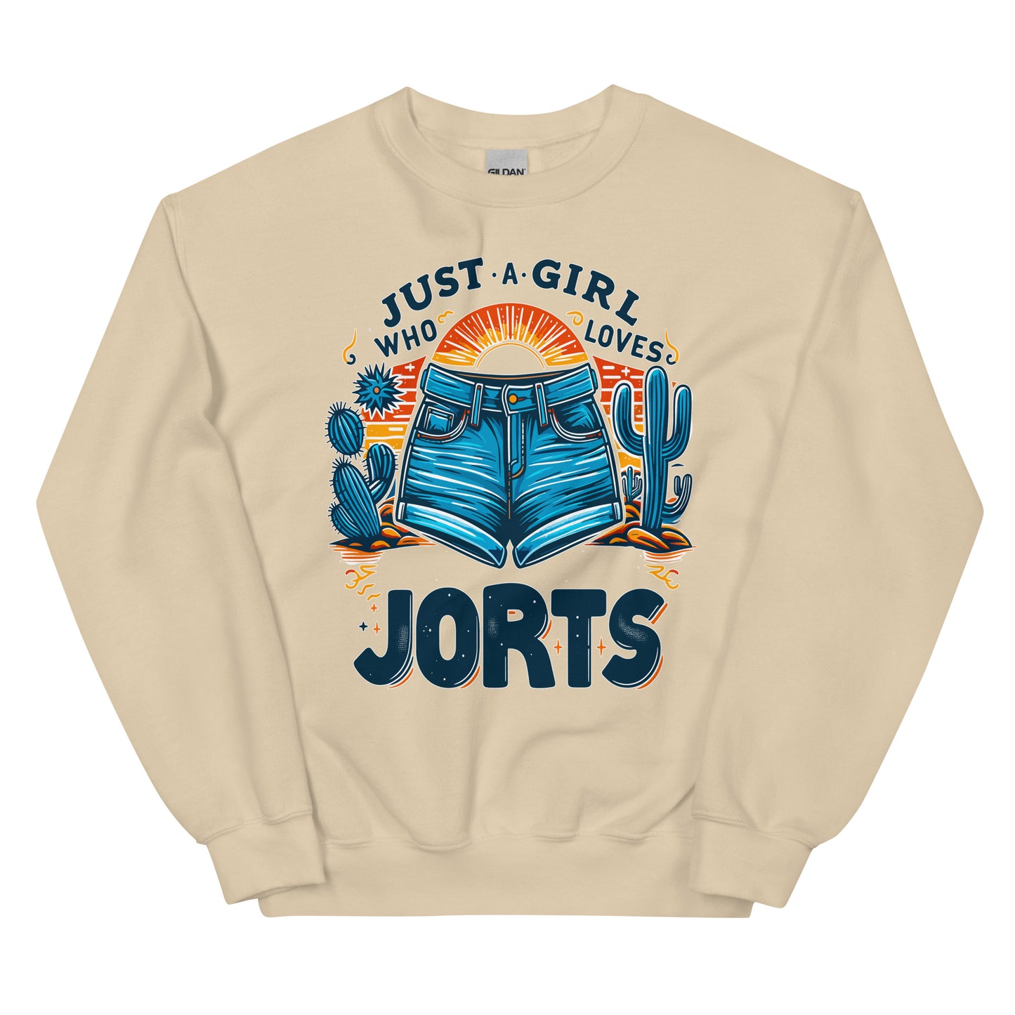 Just A Girl Who Loves Jorts design with a picture of jean shorts and cactus printed on a crewneck sweatshirt by Whistler Shirts