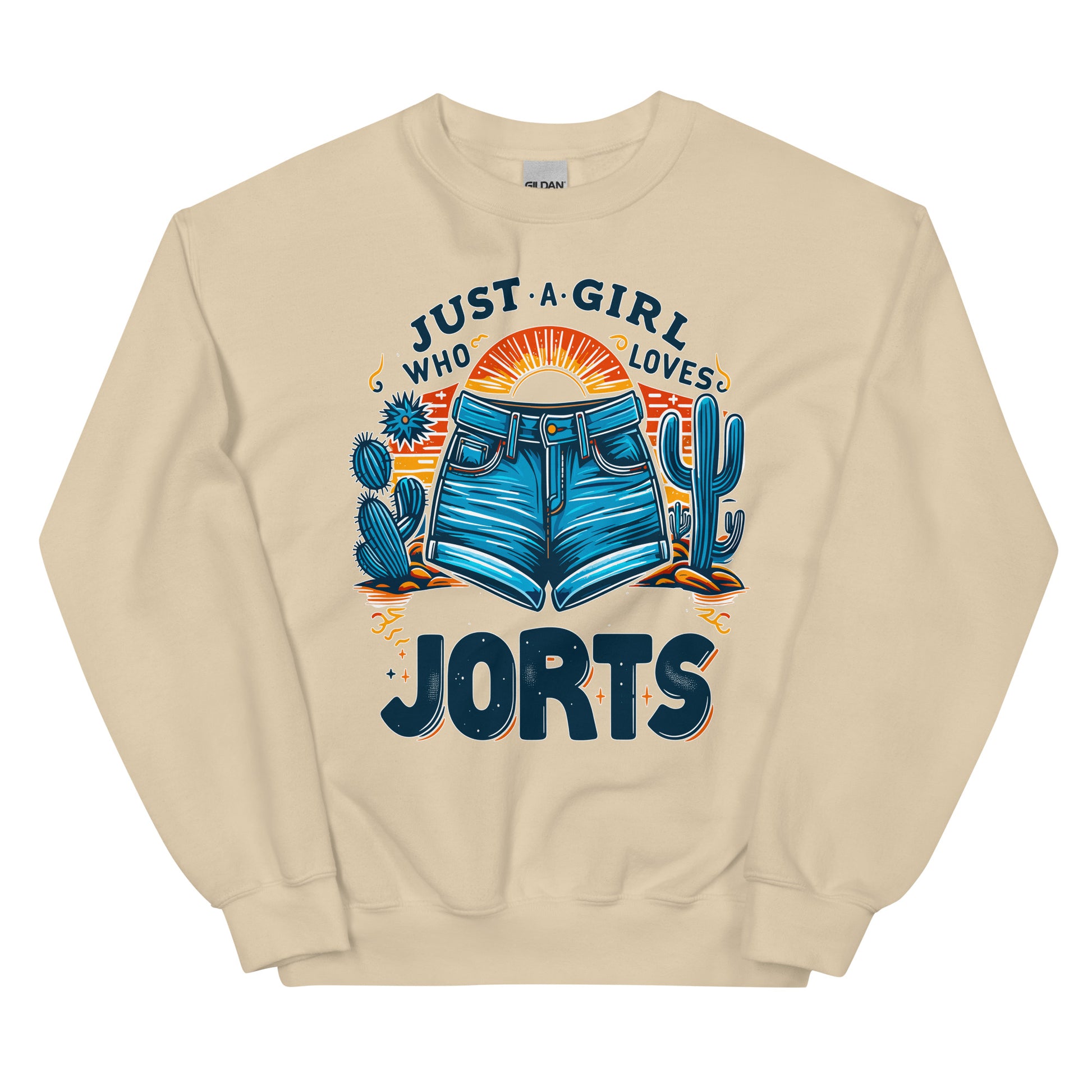 Just A Girl Who Loves Jorts design with a picture of jean shorts and cactus printed on a crewneck sweatshirt by Whistler Shirts