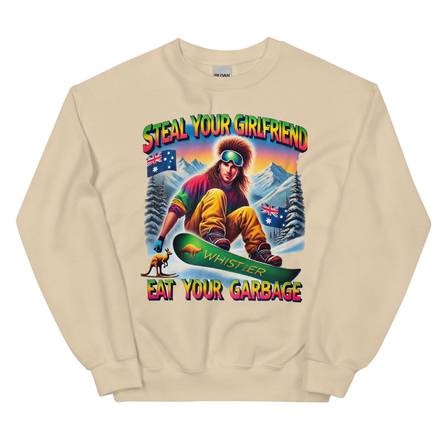 Steal your girlfriend eat your garbage with a man snowboarding and Australian flags and kangaroos design printed on a crewneck sweatshirt by whistler shirts