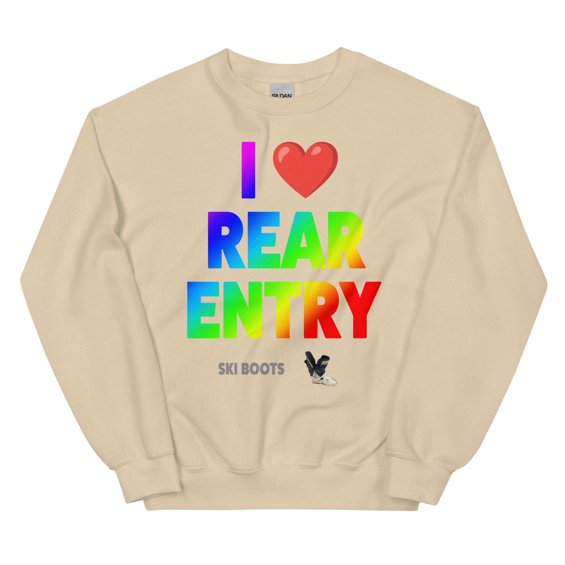 I Love Rear Entry Ski Boots design printed on Crewneck Sweatshirt by Whistler Shirts