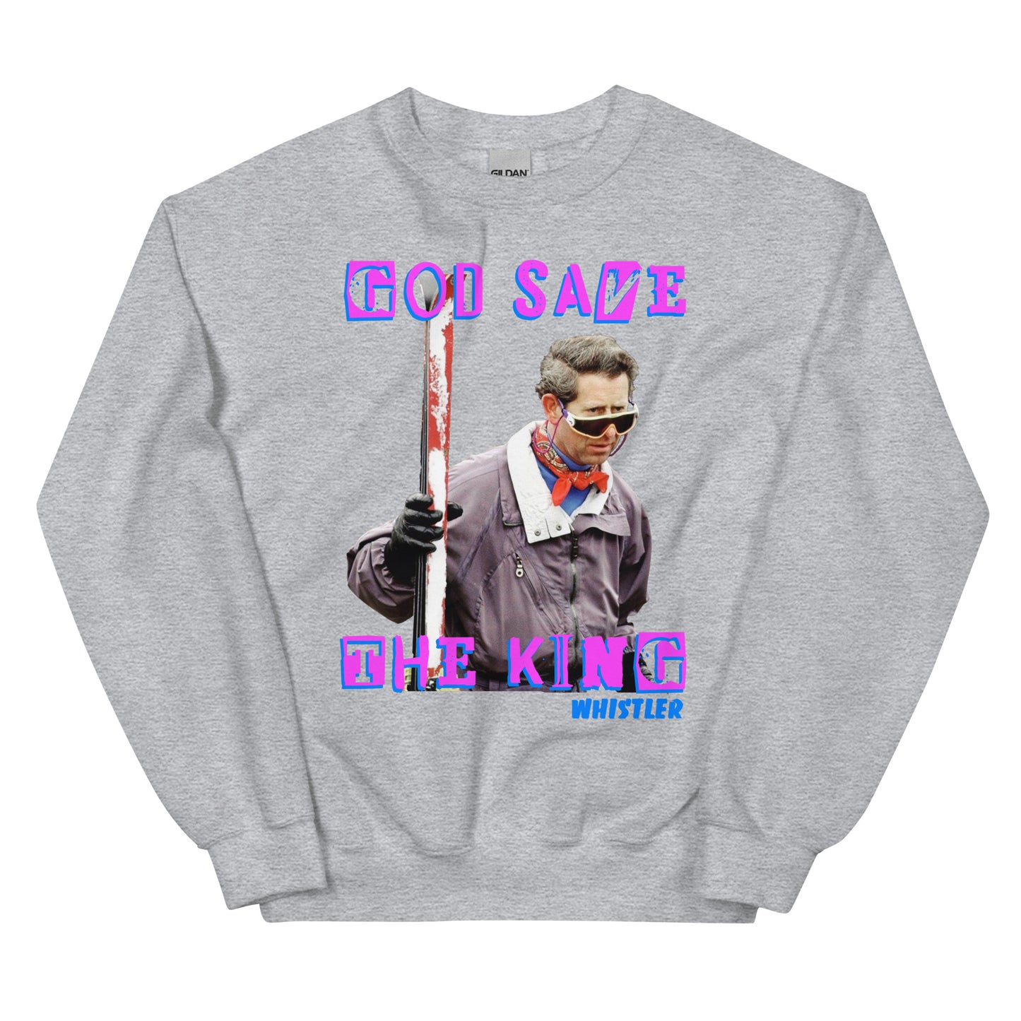 God save the king skiing whistler screen printed crewneck sweatshirt
