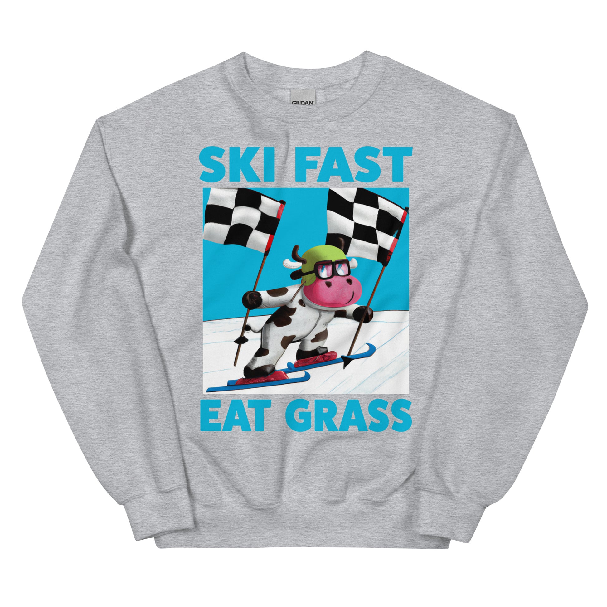 Ski fast eat grass cow skiing screen printed crewneck sweatshirt