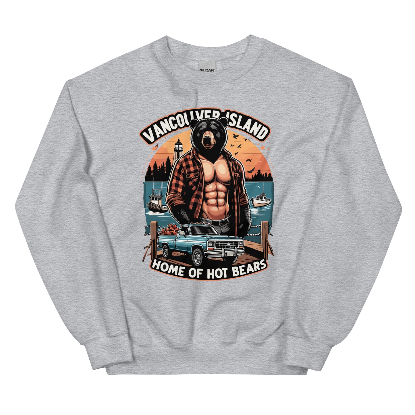 Vancouver Island Home of Bears print with a shirtless man with a bear head with a truck by the dock on the ocean printed on a crewneck sweatshirt by Whistler Shirts