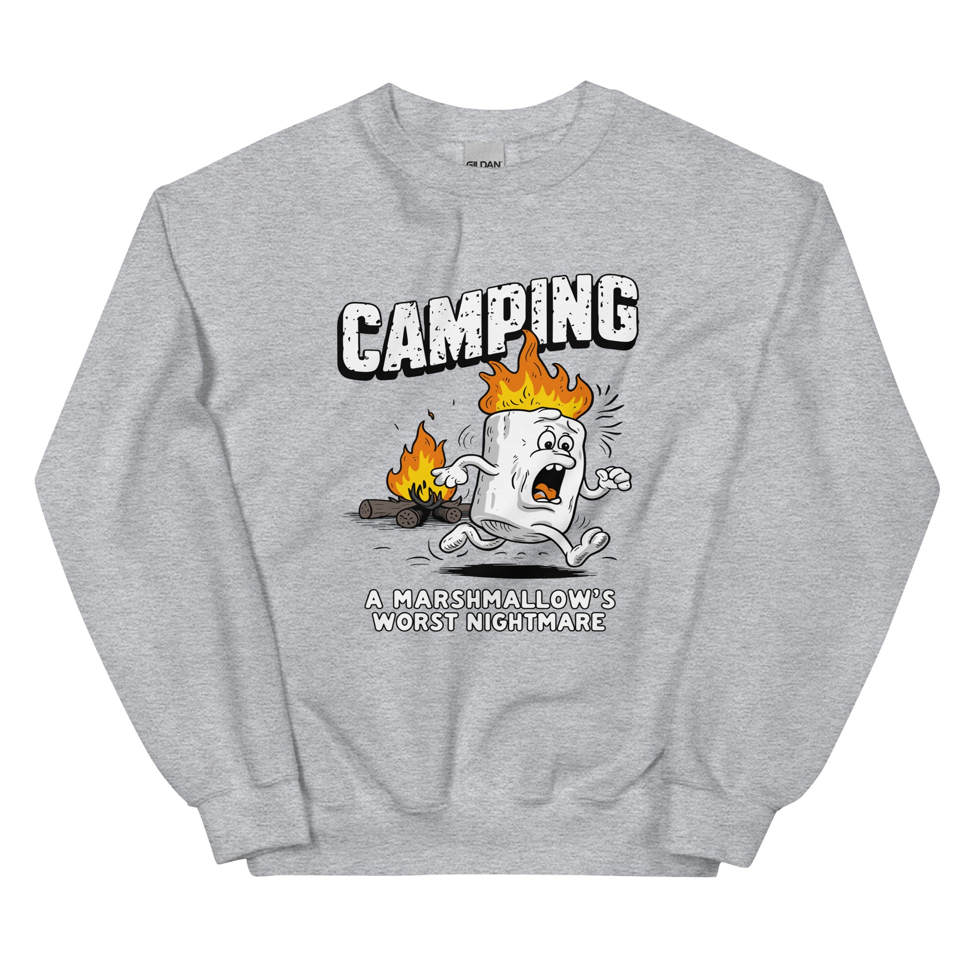 Camping a marshmellow's worst nightmare printed crewneck sweatshirt by Whistler Shirt with marshmellow running away from fire