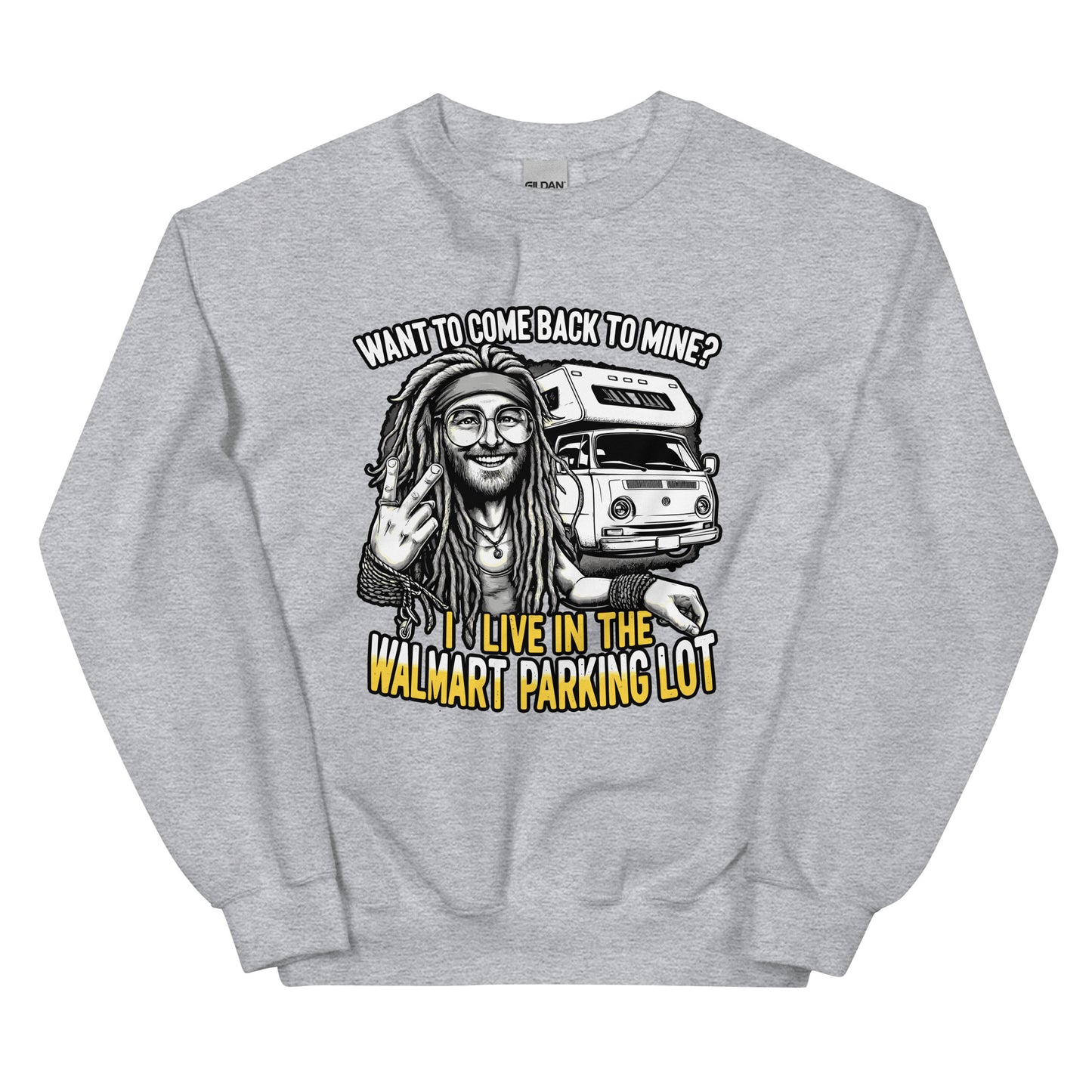 Want to come back to mine I live in the Walmart parking lot with man with dreads and camper van design printed on crewneck sweatshirt by whistler shirts