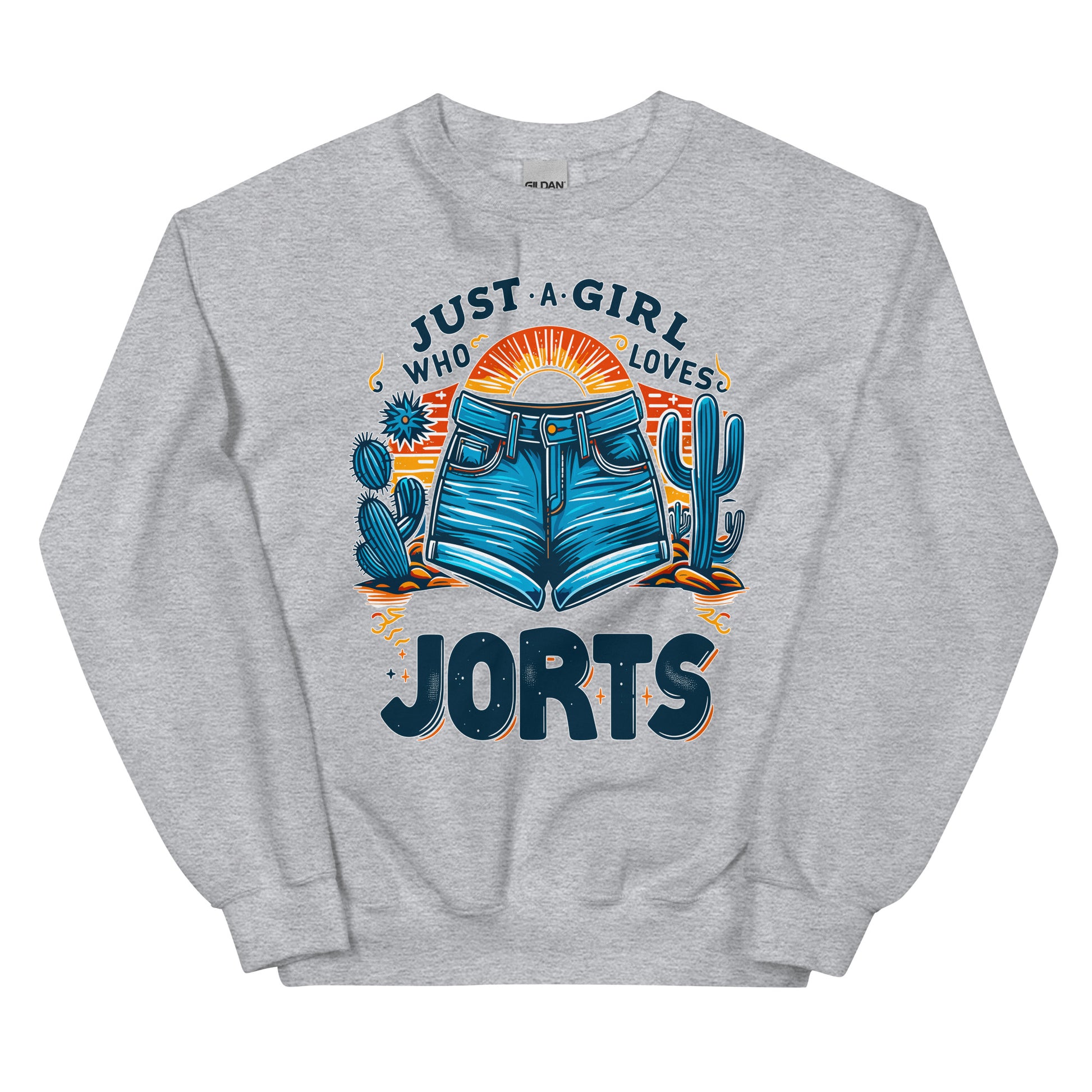 Just A Girl Who Loves Jorts design with a picture of jean shorts and cactus printed on a crewneck sweatshirt by Whistler Shirts