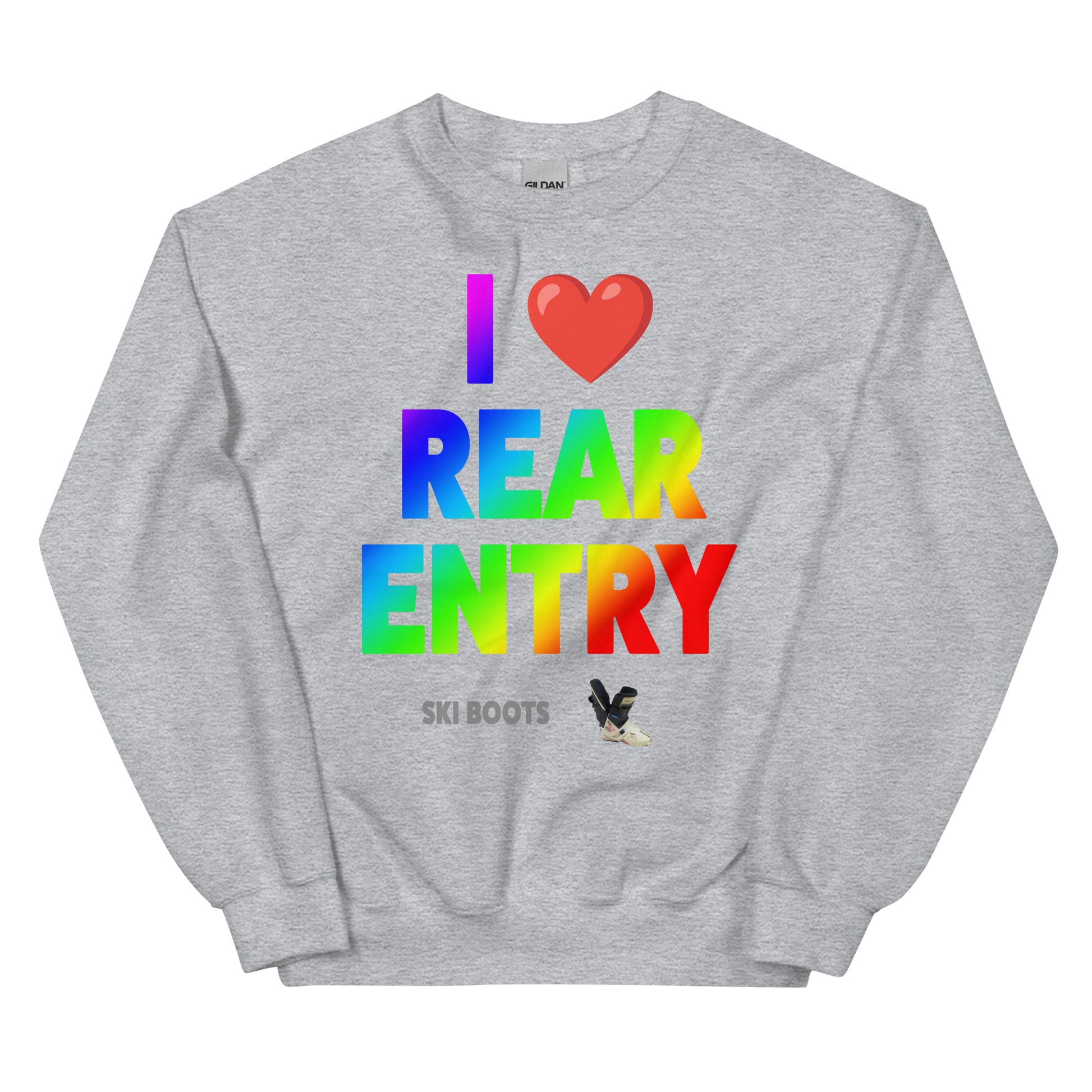 I Love Rear Entry Ski Boots design printed on Crewneck Sweatshirt by Whistler Shirts