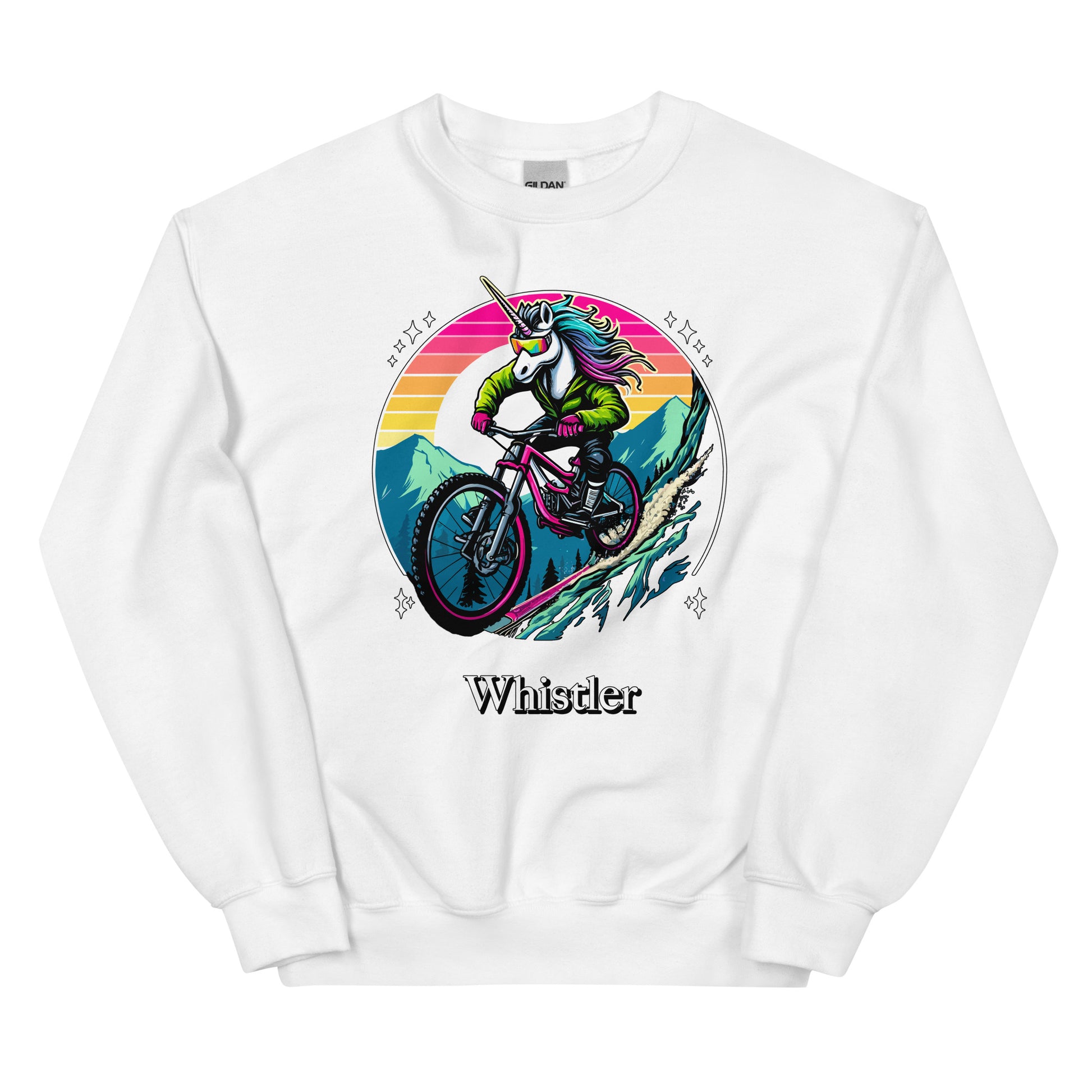 Whistler Unicorn Rainbow Mountain Biking printed crewneck by Whistler Shirts