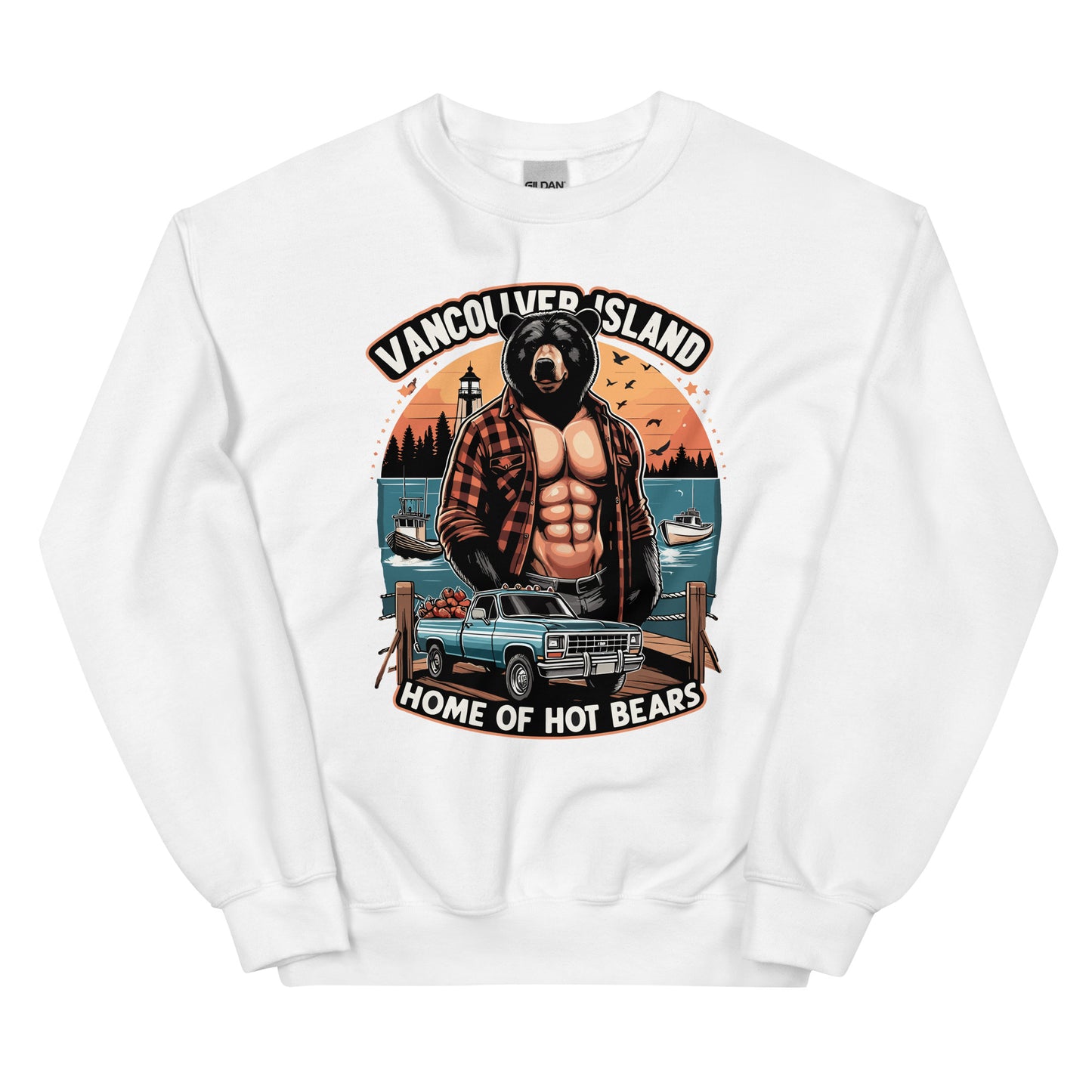 Vancouver Island Home of Bears print with a shirtless man with a bear head with a truck by the dock on the ocean printed on a crewneck sweatshirt by Whistler Shirts