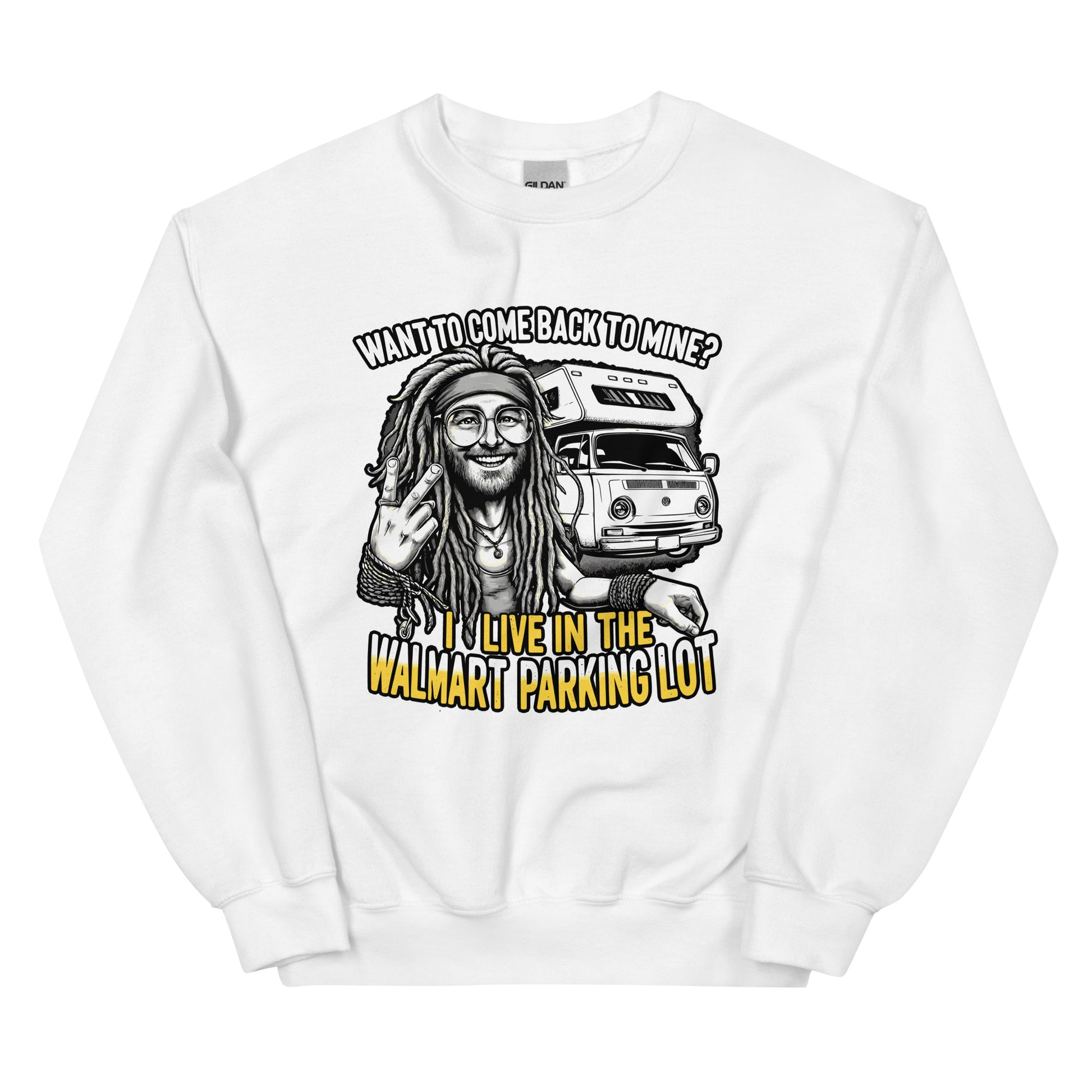 Want to come back to mine I live in the Walmart parking lot with man with dreads and camper van design printed on crewneck sweatshirt by whistler shirts