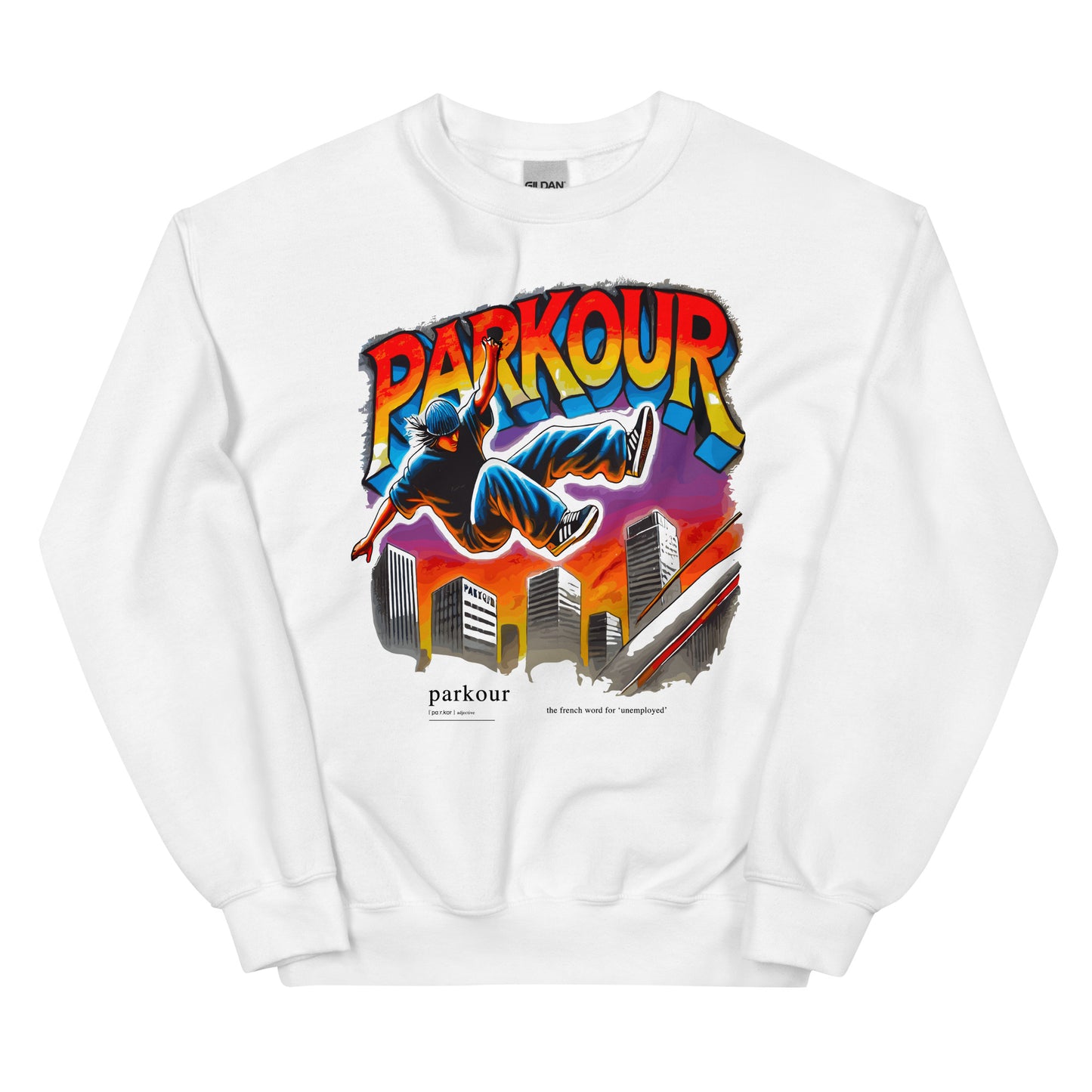 Parkour is French for unemployment design printed on a crewneck sweatshirt by Whistler Shirts