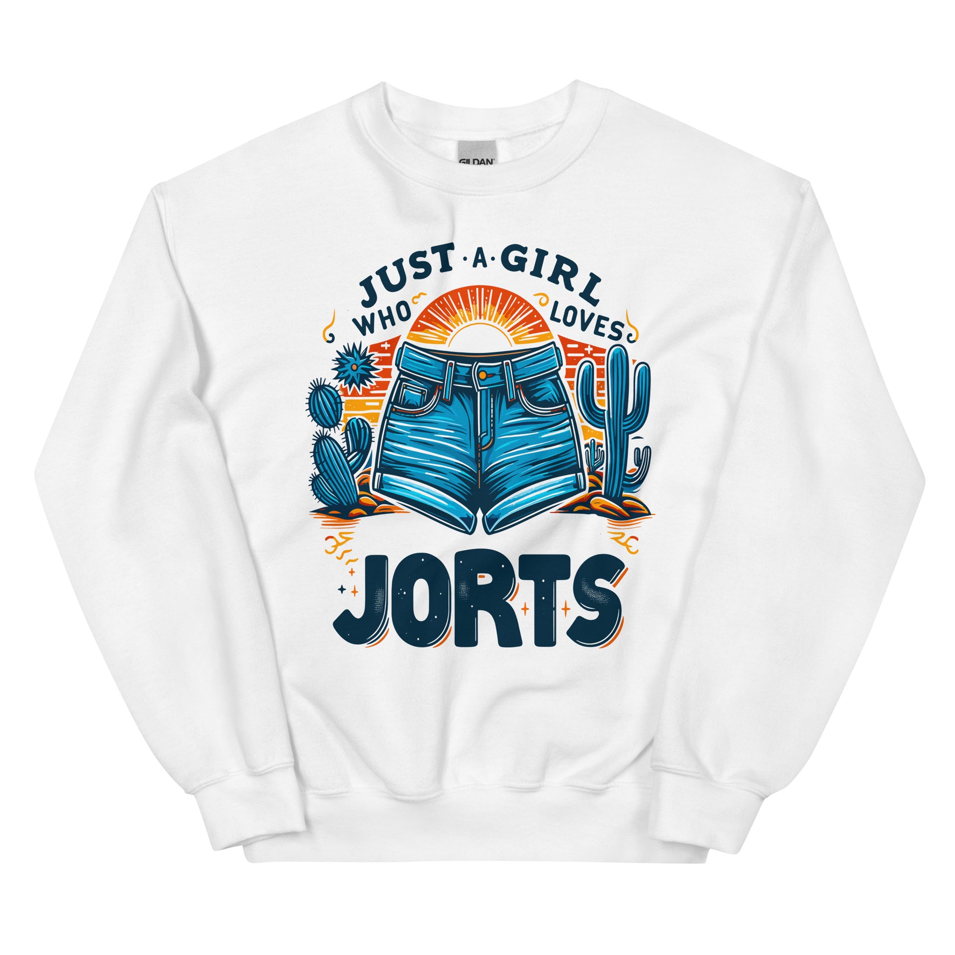 Just A Girl Who Loves Jorts design with a picture of jean shorts and cactus printed on a crewneck sweatshirt by Whistler Shirts