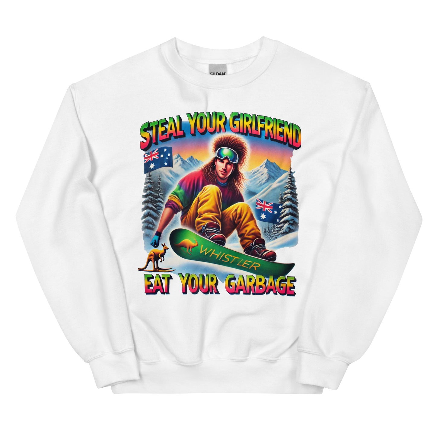 Steal your girlfriend eat your garbage with a man snowboarding and Australian flags and kangaroos design printed on a crewneck sweatshirt by whistler shirts