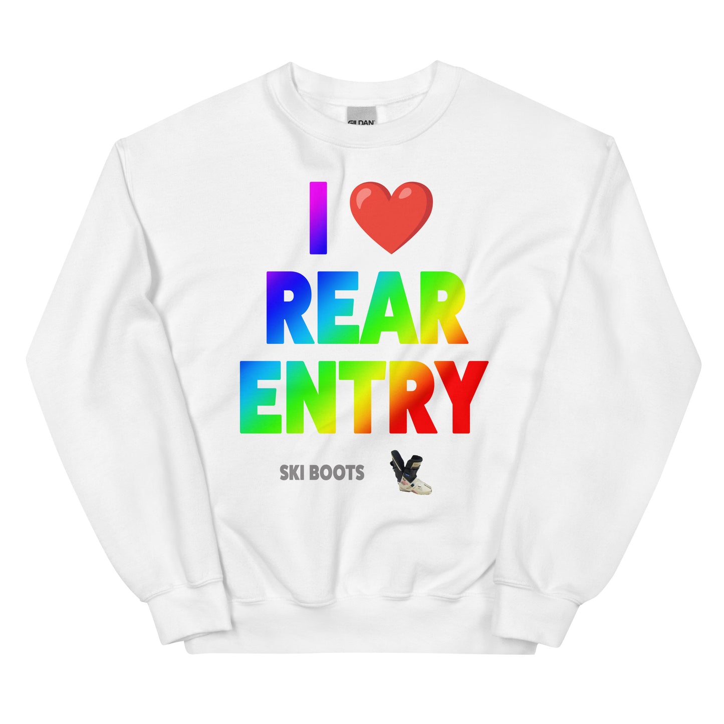 I Love Rear Entry Ski Boots design printed on Crewneck Sweatshirt by Whistler Shirts