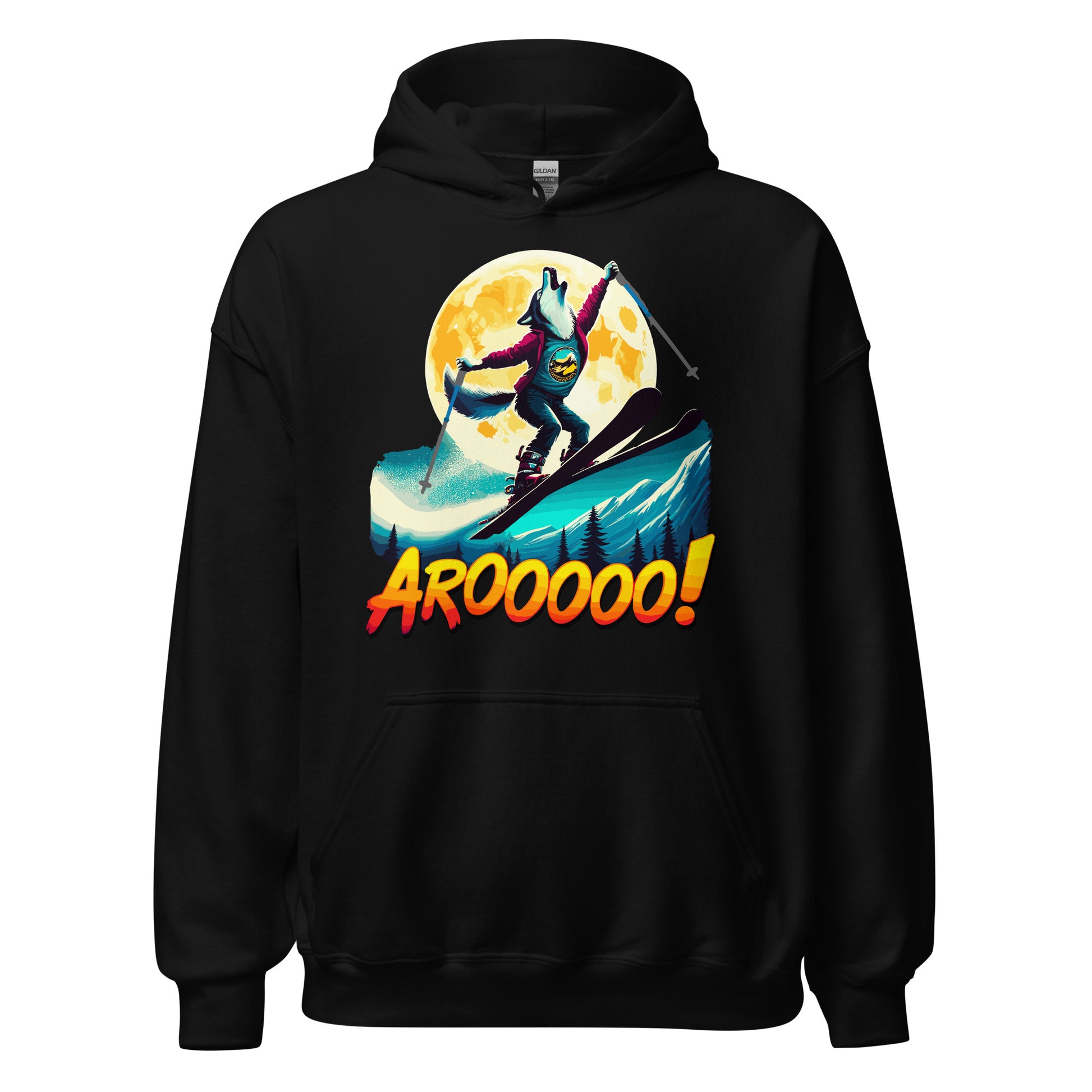 AROOOO! Wolf ski jumping in front of a full moon printed on a hoodie by Whistler Shirts