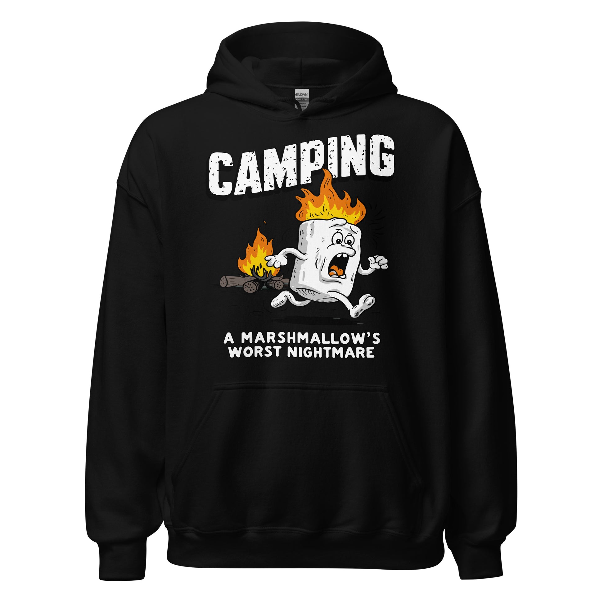 Camping a marshmellows worst nightmare printed hoodie by Whistler shirts, with print of marshmellow running away from fire