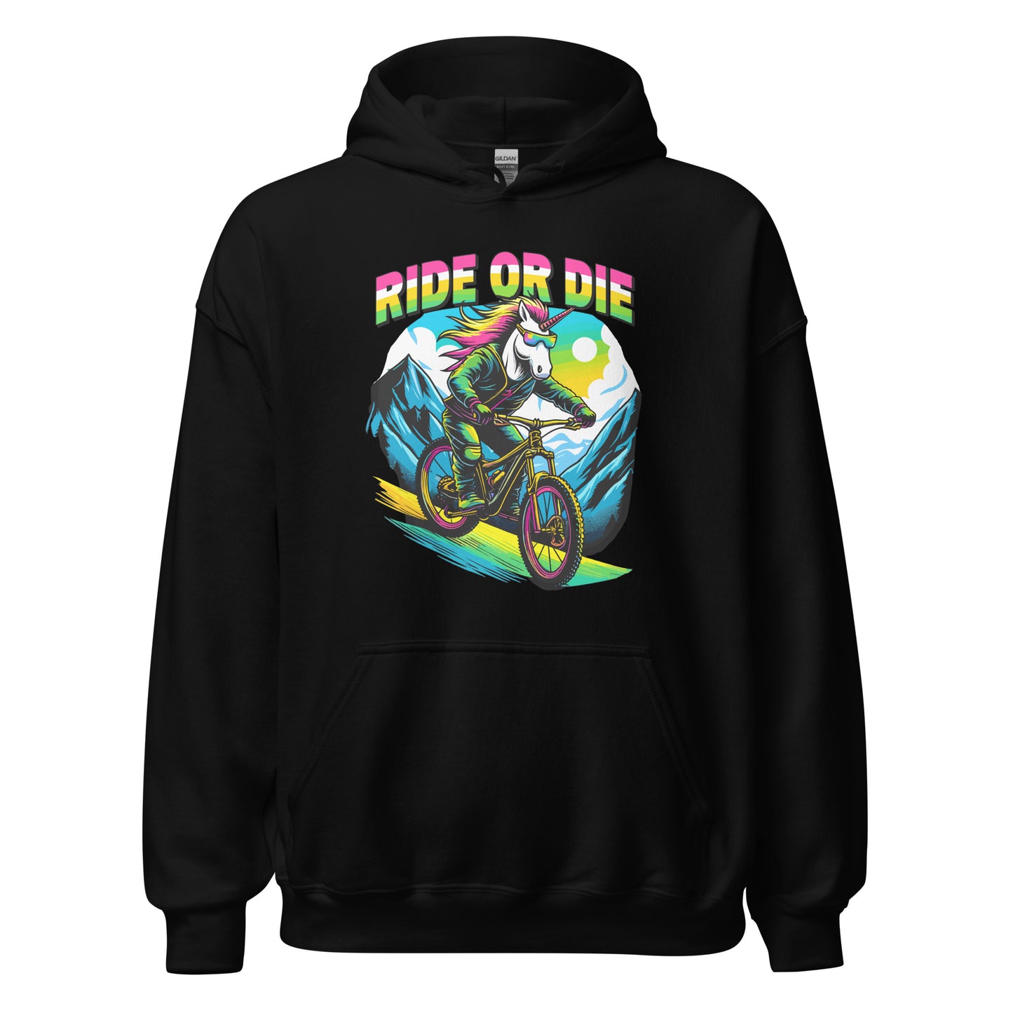 Ride Or Die Unicorn riding a bike down a mountain printed on hoodie by Whistler Shirts