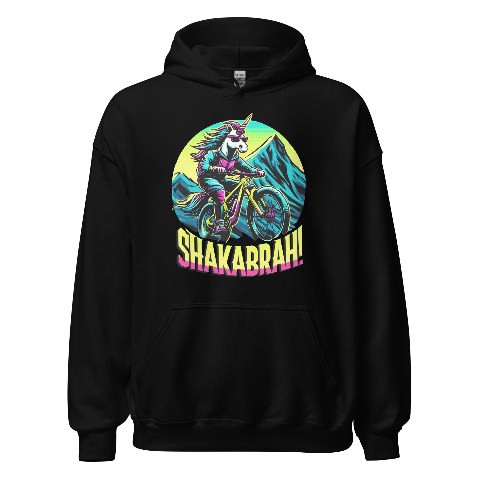 Shakabrah unicorn mountain biking design printed on a hoodie by Whistler Shirts