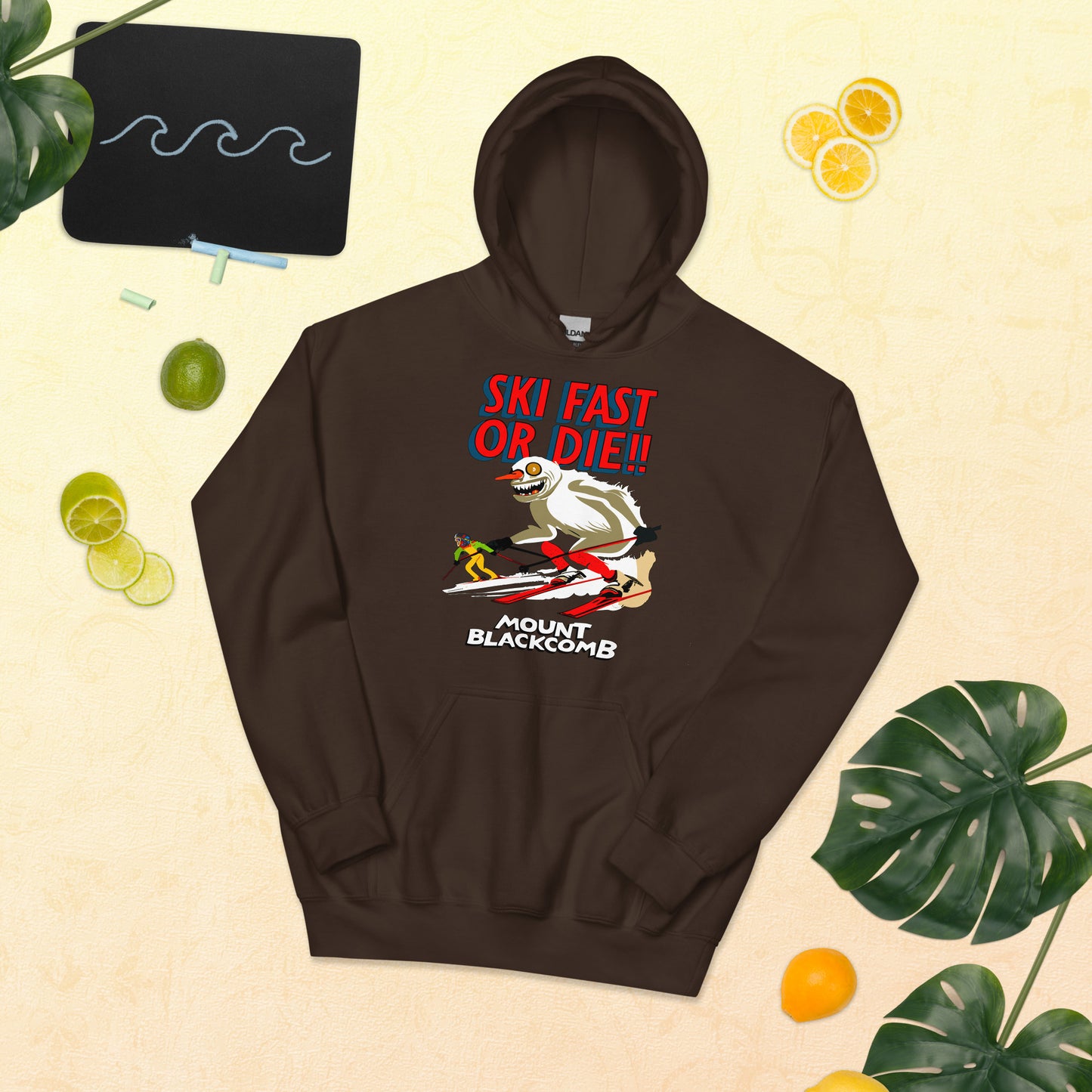 Ski Fast or Die yeti skiing mount blackcomb printed hoodie by whistler shirts