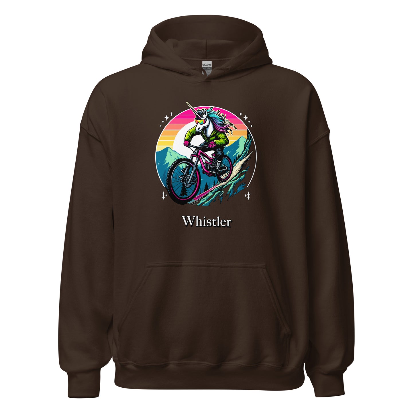 Unicorn Mountain Biking Rainbow Whistler Hoodie printed by Whistler Shirts