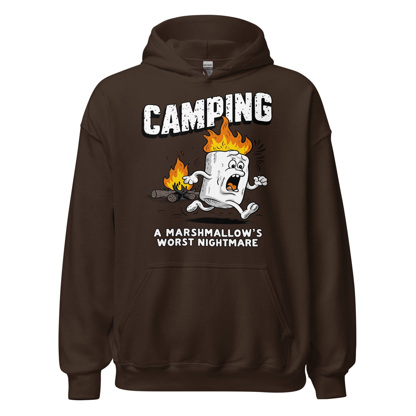 Camping a marshmellows worst nightmare printed hoodie by Whistler shirts, with print of marshmellow running away from fire