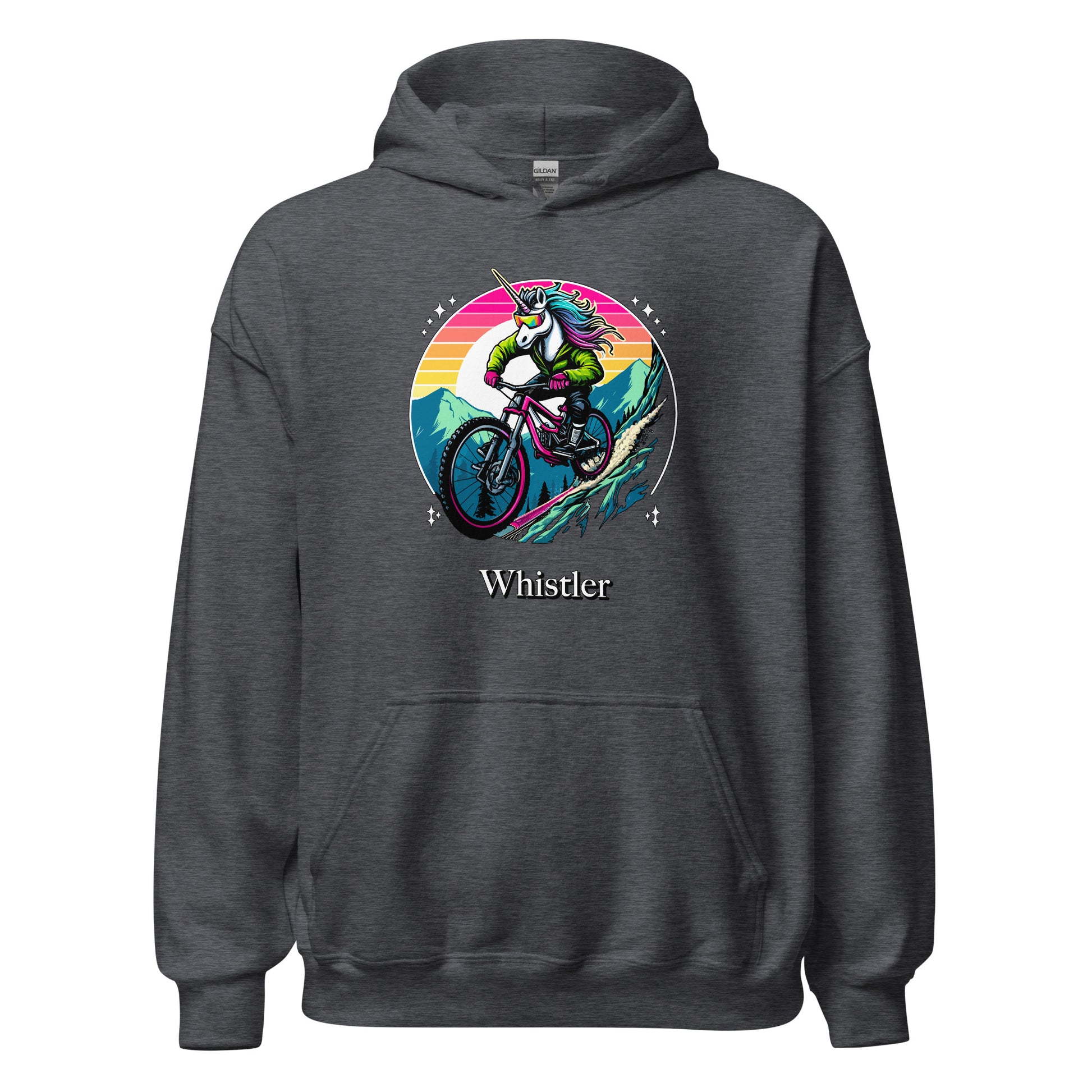 Unicorn Mountain Biking Rainbow Whistler Hoodie printed by Whistler Shirts