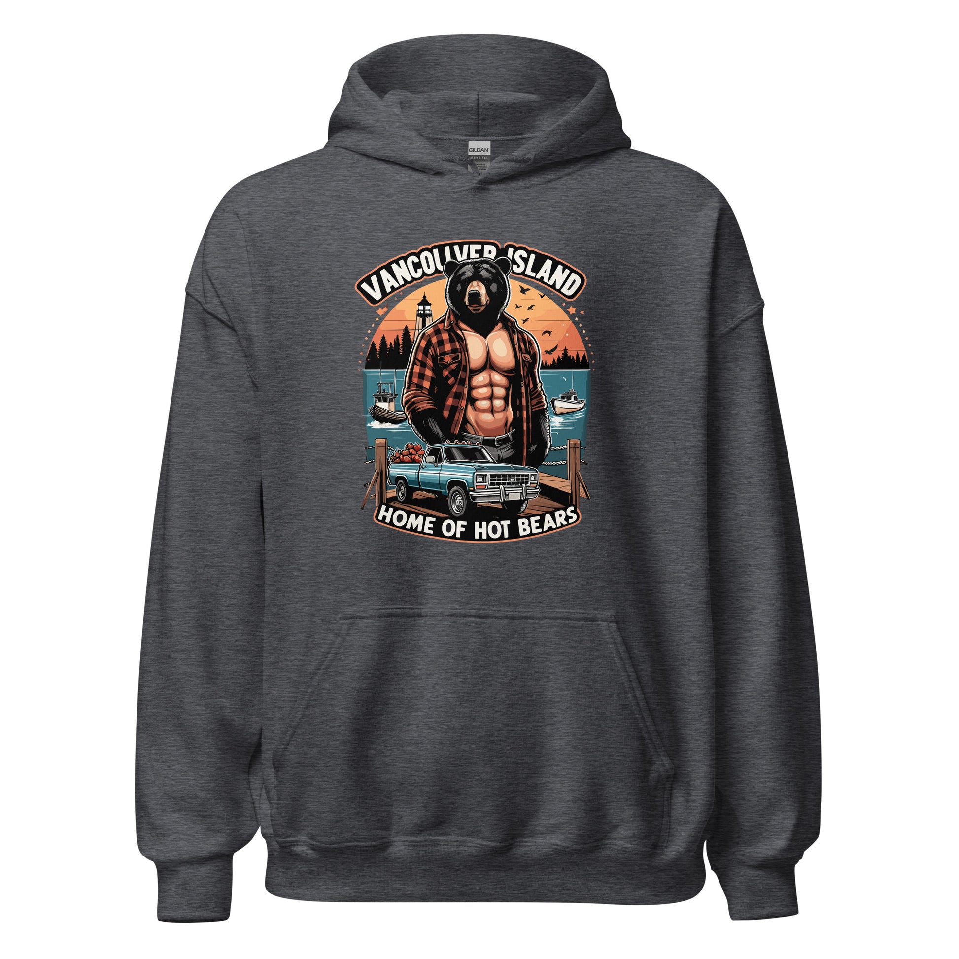 Hoodie printed with Vancouver Island Home of Hot Bears text with picture of a shirtless man with a bear head and truck on a dock by the ocean. Printed on hoodie by Whistler Shirts