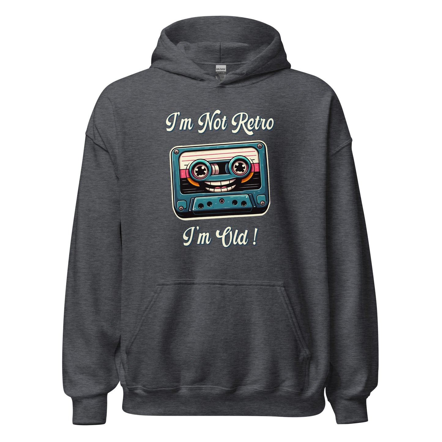 Im not retro im old casette tape hoodie printed by Whistler Shirts with a cassette tape wth a smiley face