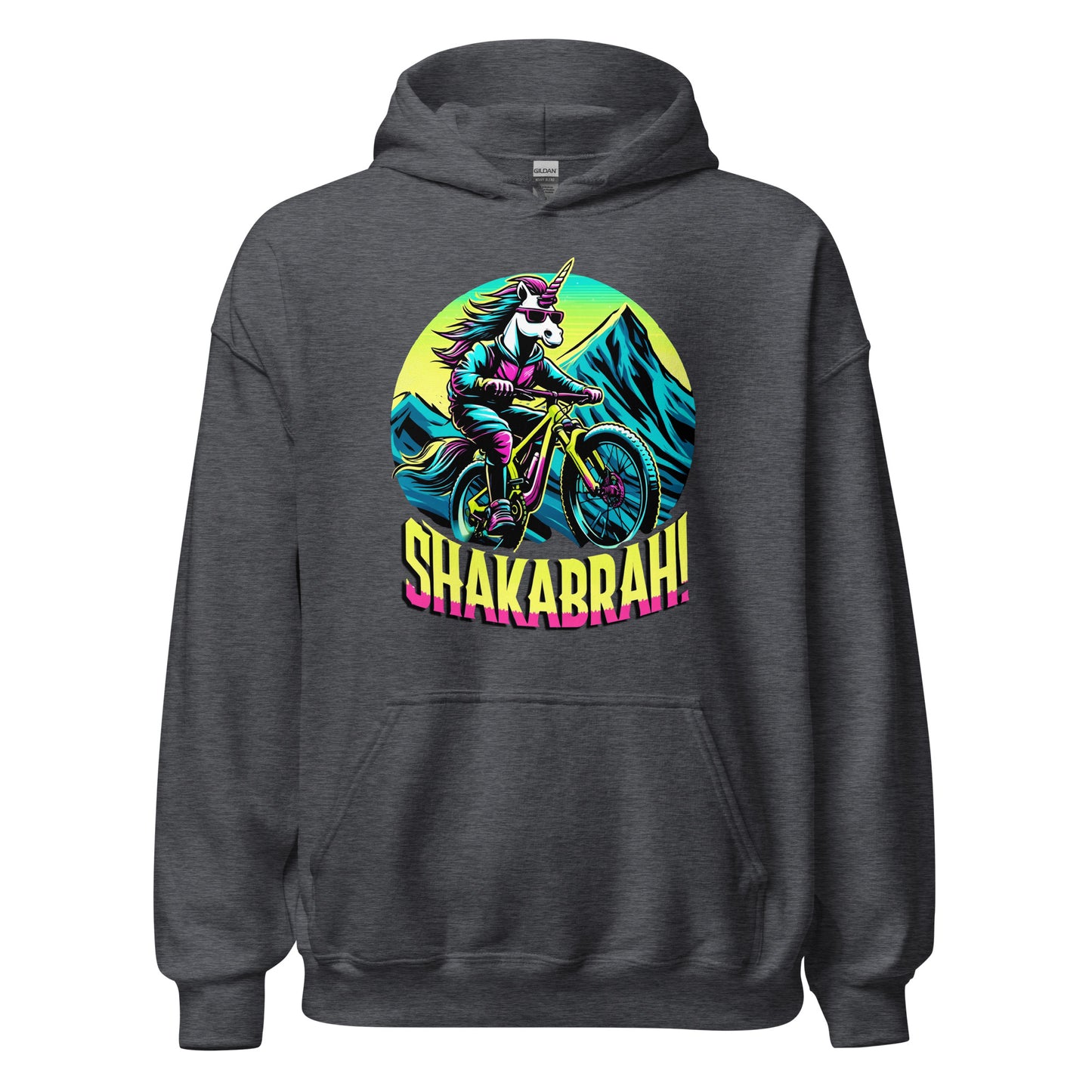 Shakabrah unicorn mountain biking design printed on a hoodie by Whistler Shirts