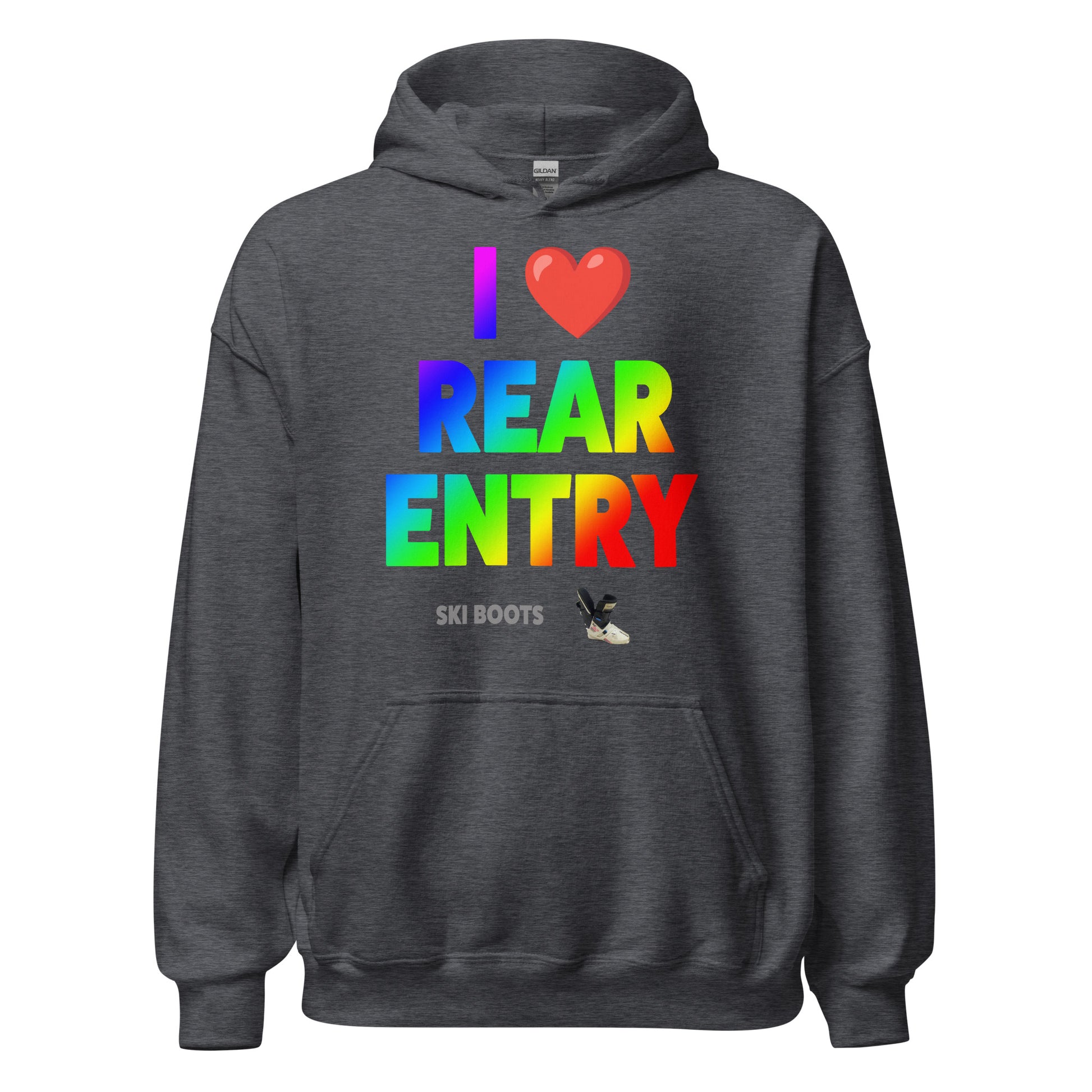 I Love Rear Entry Ski Boots Design printed on hoodie by Whistler Shirts
