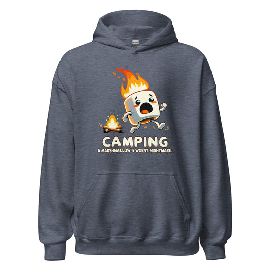 Camping a marshmellows worst nightmare with a marshmellow running away from a campfire printed hoodie by Whistler Shirts