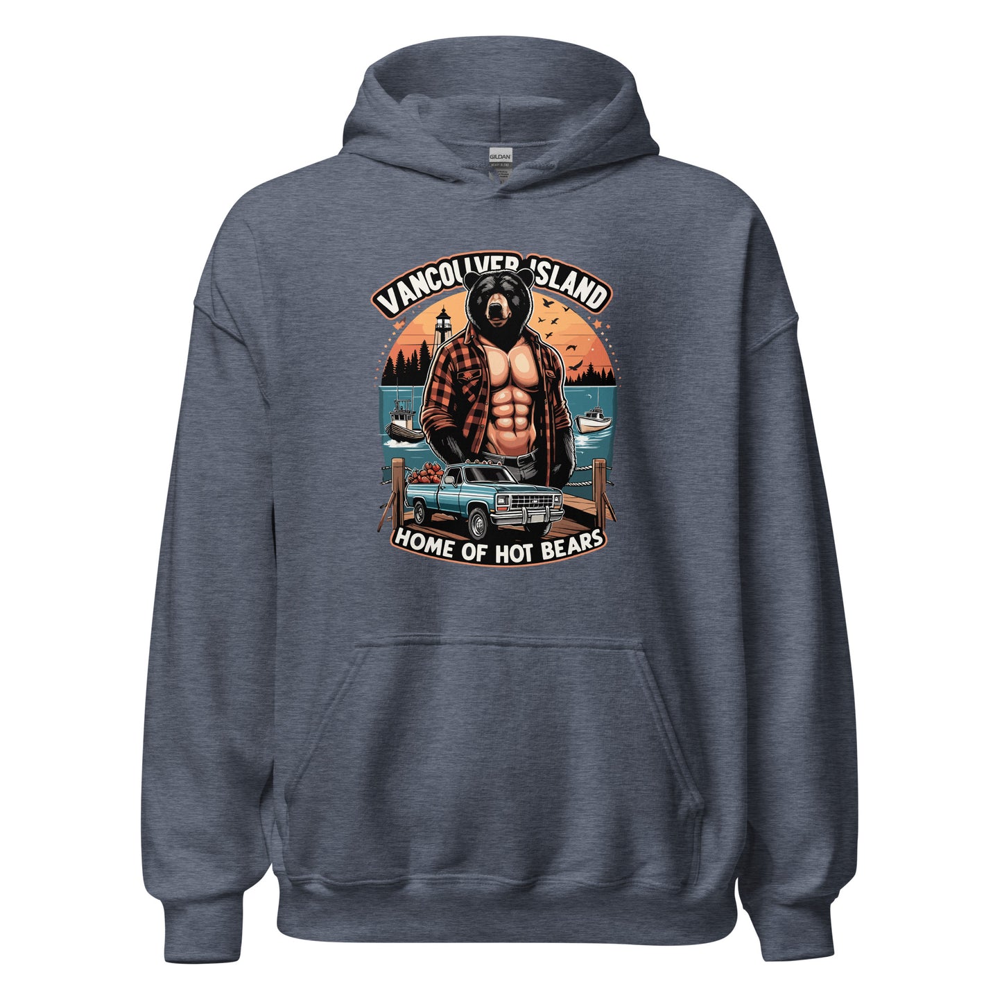 Hoodie printed with Vancouver Island Home of Hot Bears text with picture of a shirtless man with a bear head and truck on a dock by the ocean. Printed on hoodie by Whistler Shirts