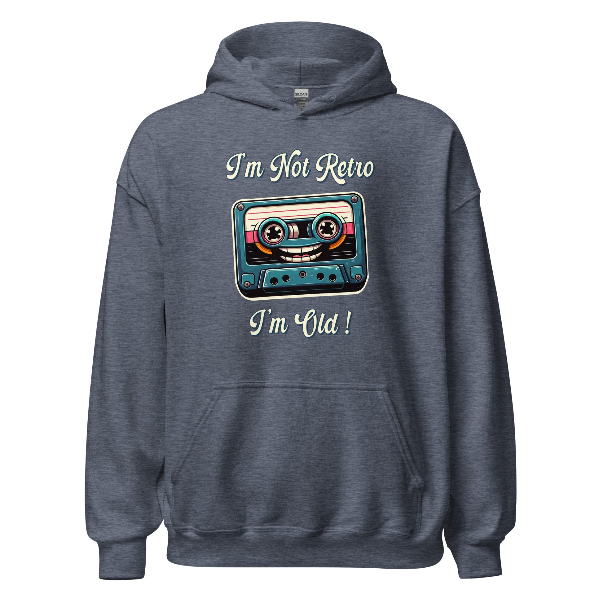 Im not retro im old casette tape hoodie printed by Whistler Shirts with a cassette tape wth a smiley face