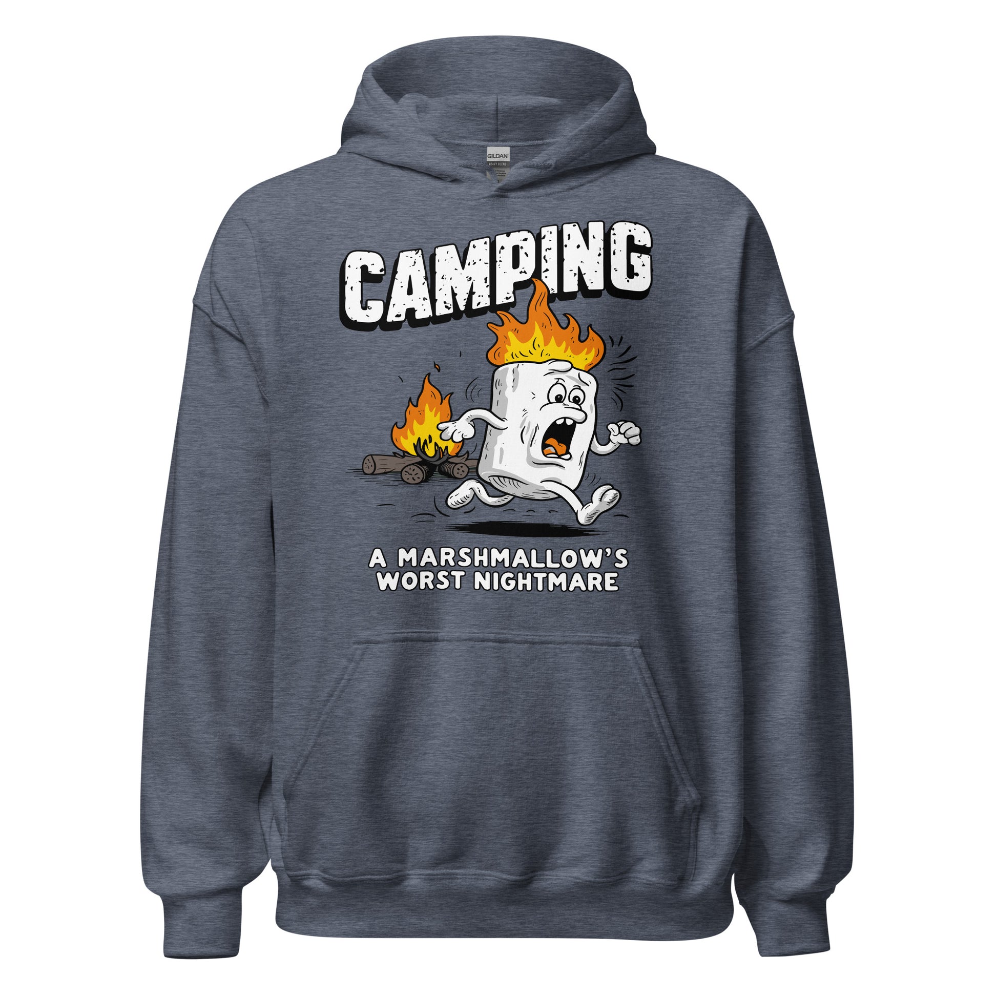 Camping a marshmellows worst nightmare printed hoodie by Whistler shirts, with print of marshmellow running away from fire