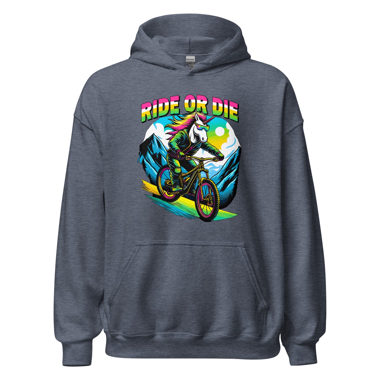 Ride Or Die Unicorn riding a bike down a mountain printed on hoodie by Whistler Shirts