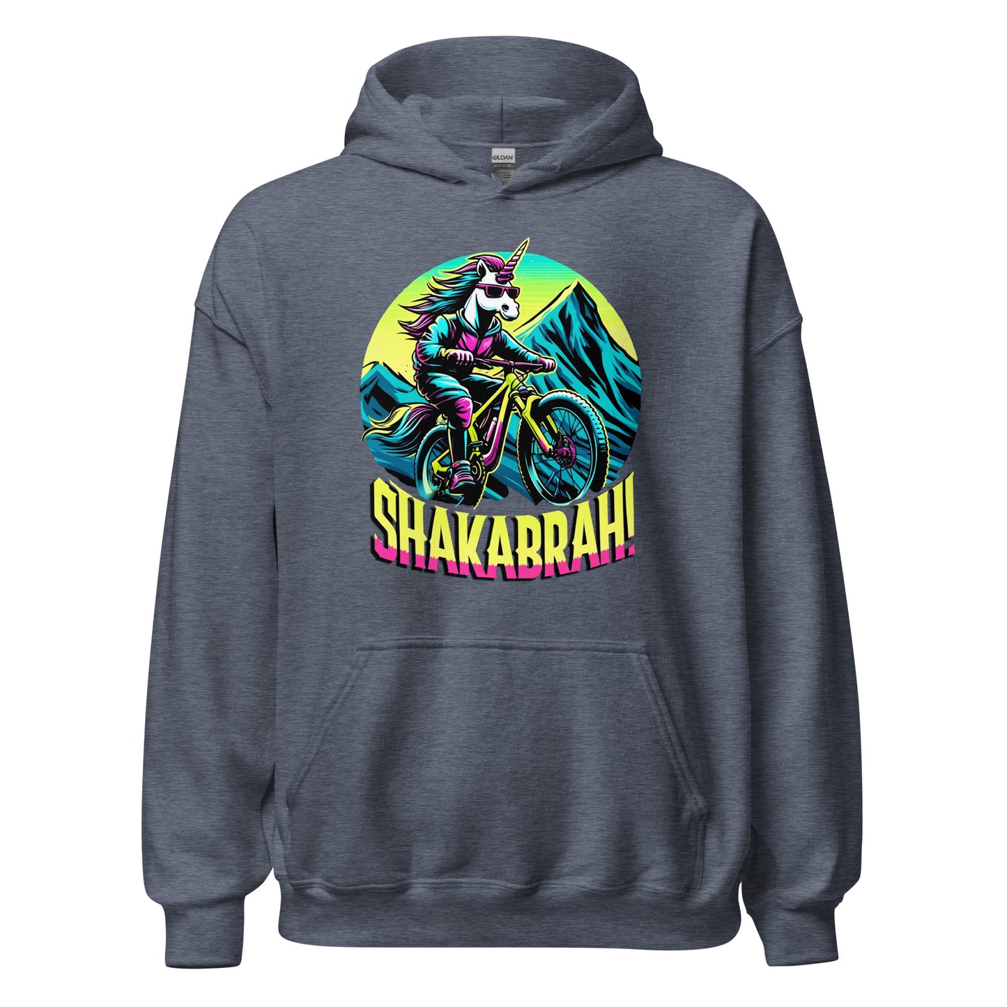 Shakabrah unicorn mountain biking design printed on a hoodie by Whistler Shirts