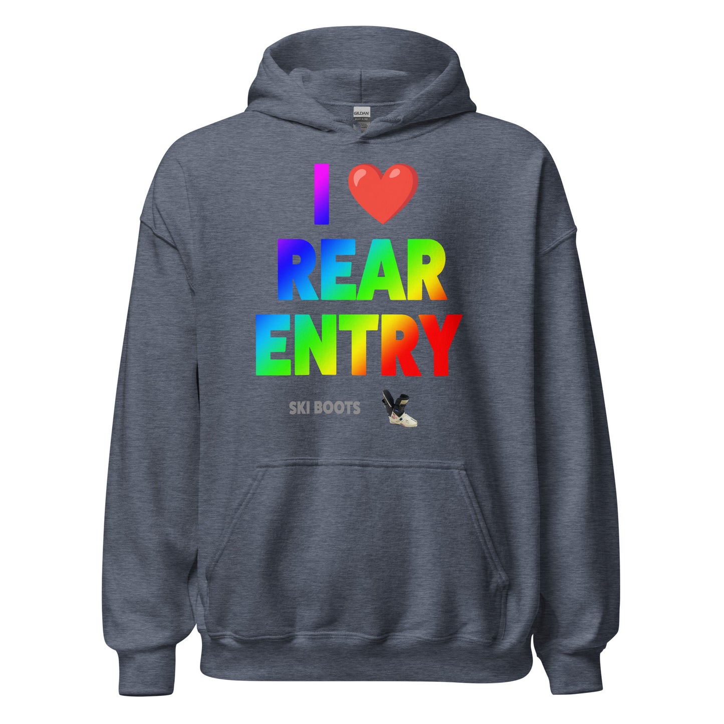 I Love Rear Entry Ski Boots Design printed on hoodie by Whistler Shirts