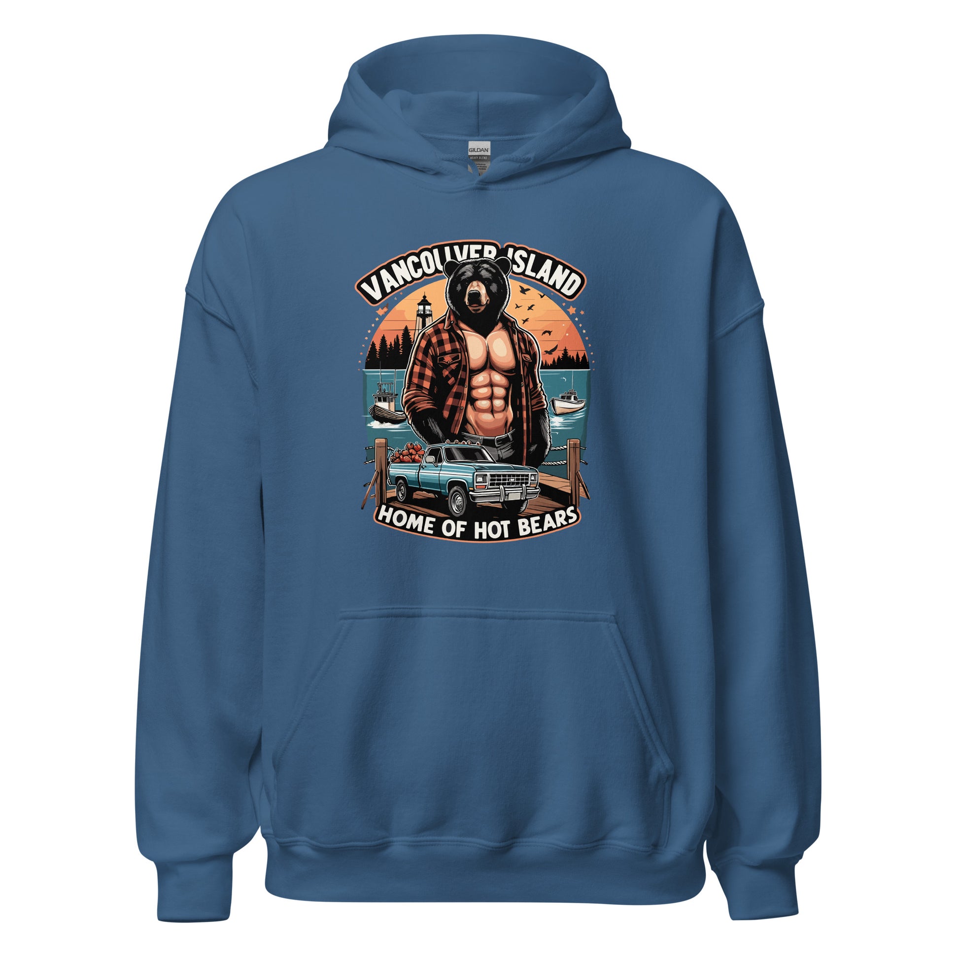 Hoodie printed with Vancouver Island Home of Hot Bears text with picture of a shirtless man with a bear head and truck on a dock by the ocean. Printed on hoodie by Whistler Shirts