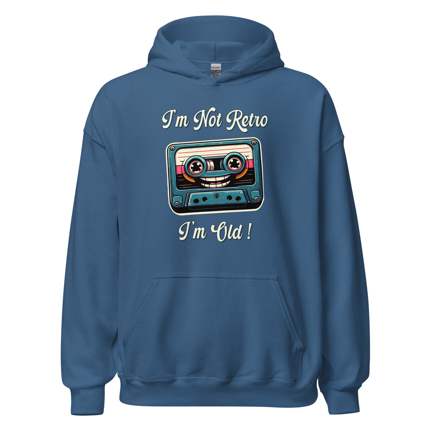 Im not retro im old casette tape hoodie printed by Whistler Shirts with a cassette tape wth a smiley face