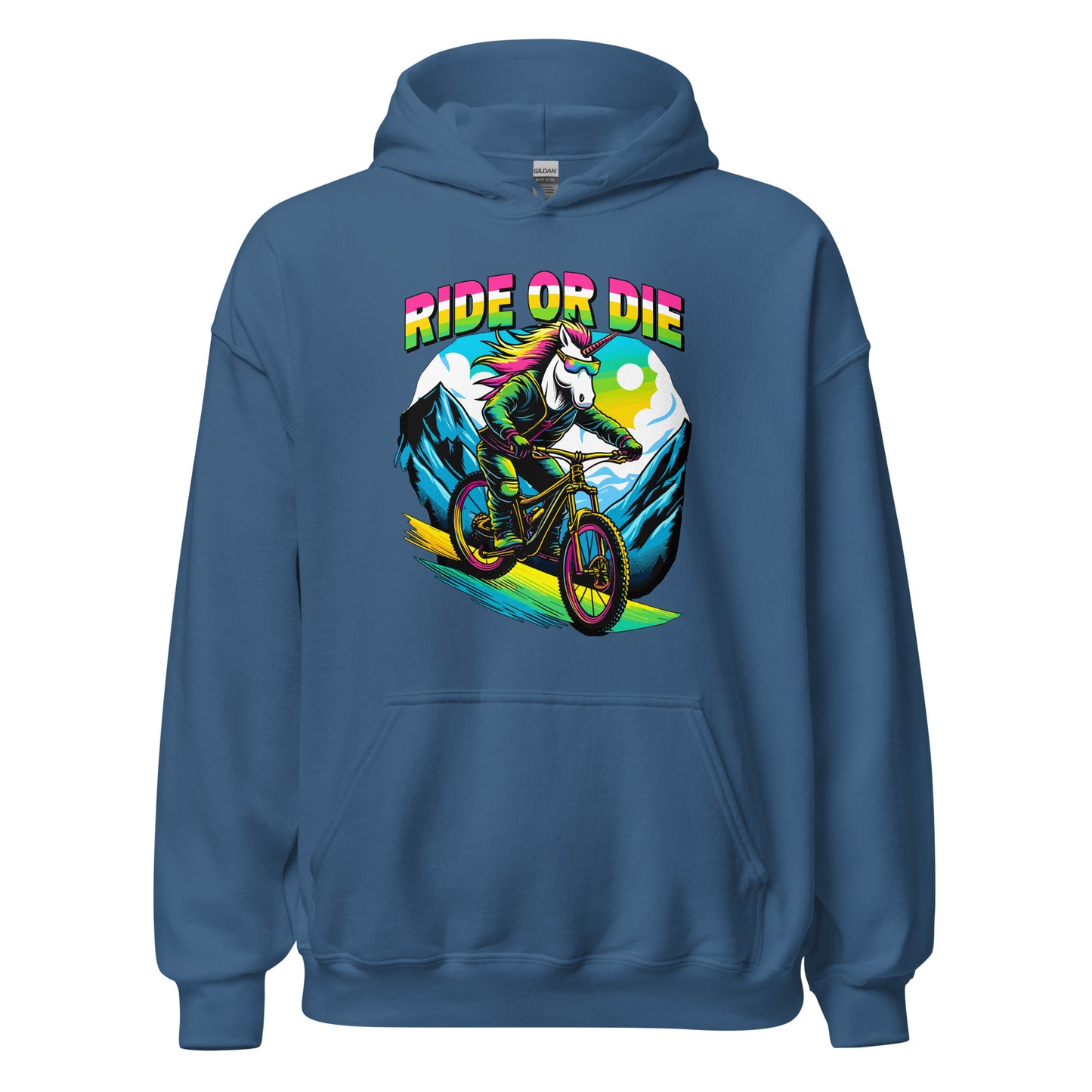 Ride Or Die Unicorn riding a bike down a mountain printed on hoodie by Whistler Shirts