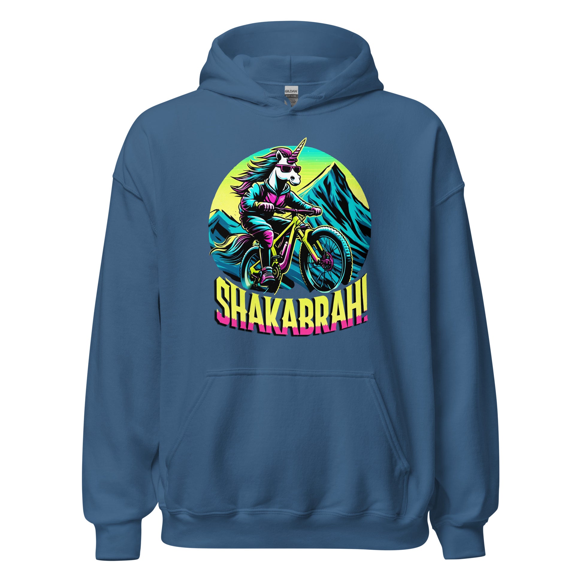 Shakabrah unicorn mountain biking design printed on a hoodie by Whistler Shirts