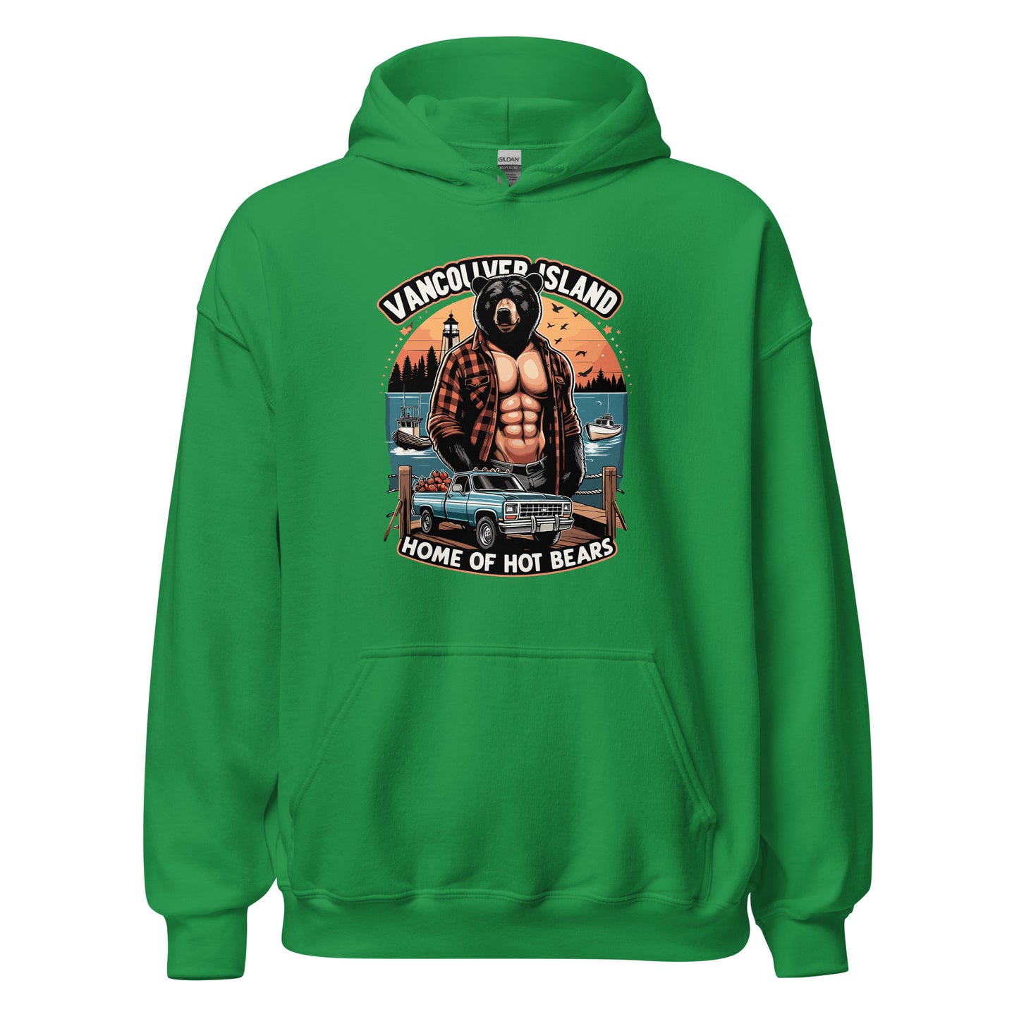 Hoodie printed with Vancouver Island Home of Hot Bears text with picture of a shirtless man with a bear head and truck on a dock by the ocean. Printed on hoodie by Whistler Shirts