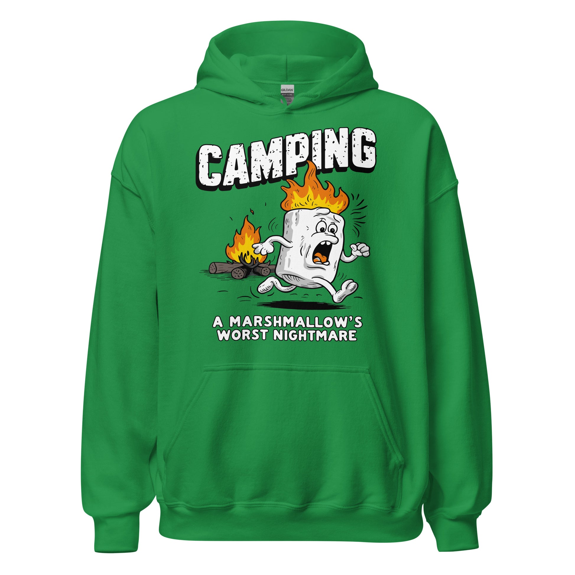 Camping a marshmellows worst nightmare printed hoodie by Whistler shirts, with print of marshmellow running away from fire