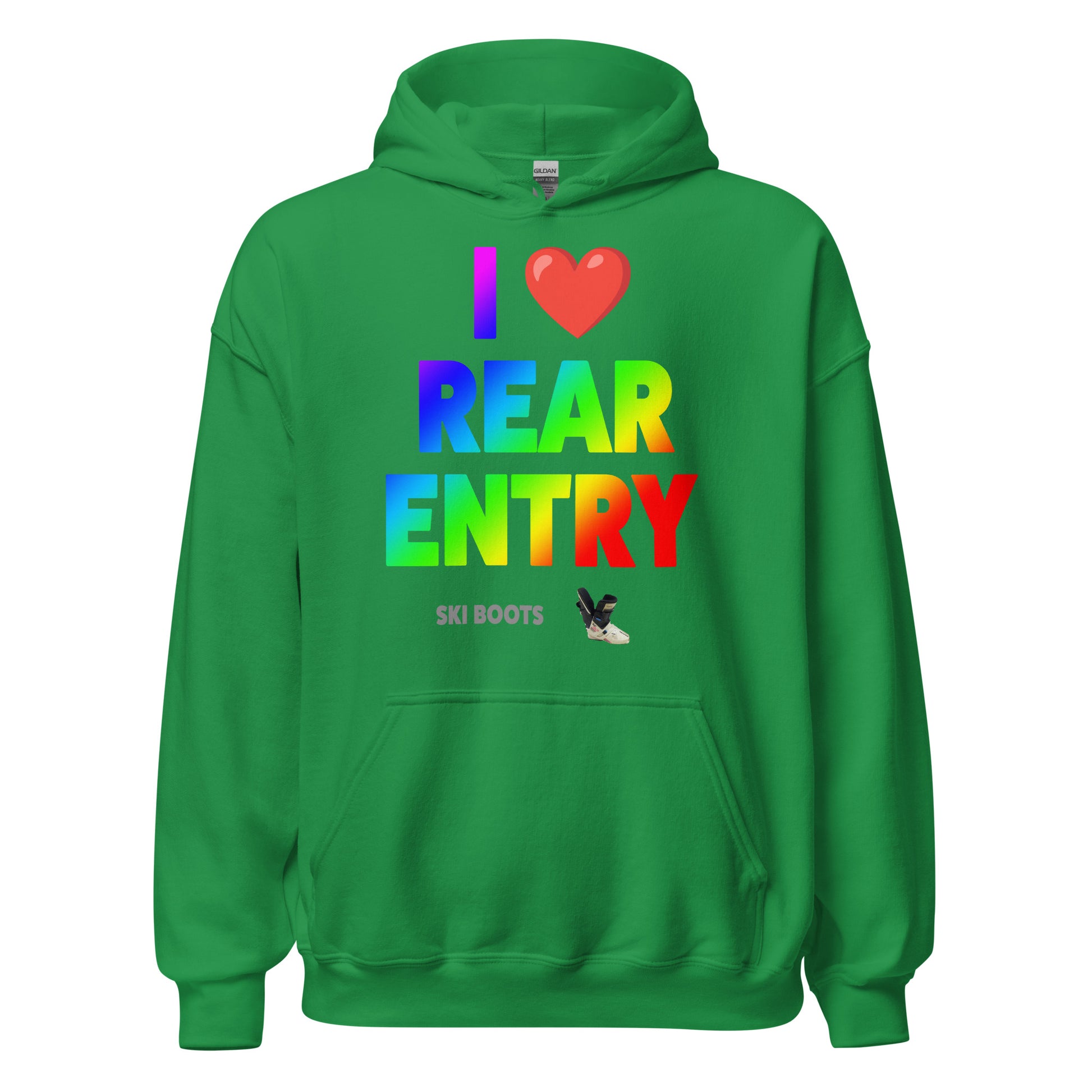 I Love Rear Entry Ski Boots Design printed on hoodie by Whistler Shirts