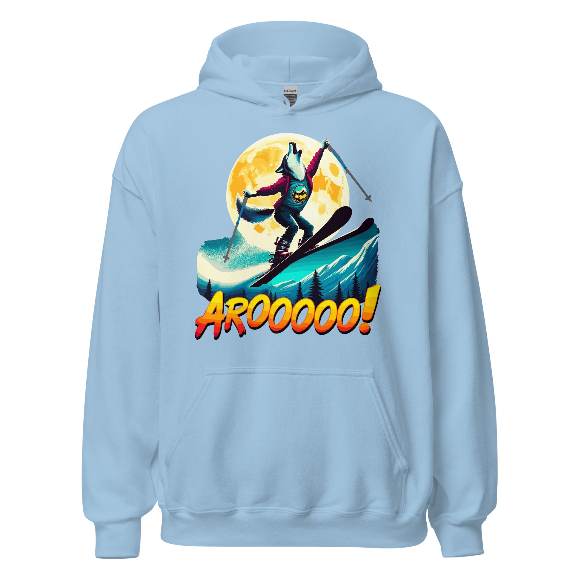 AROOOO! Wolf ski jumping in front of a full moon printed on a hoodie by Whistler Shirts