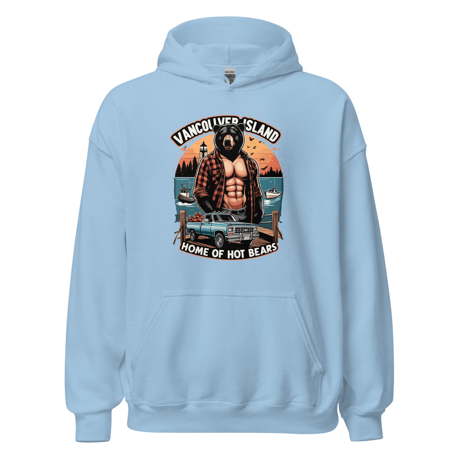 Hoodie printed with Vancouver Island Home of Hot Bears text with picture of a shirtless man with a bear head and truck on a dock by the ocean. Printed on hoodie by Whistler Shirts