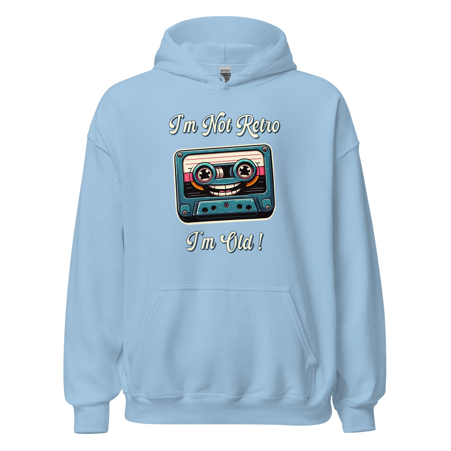 Im not retro im old casette tape hoodie printed by Whistler Shirts with a cassette tape wth a smiley face